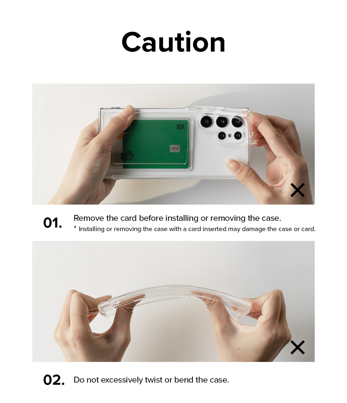 Galaxy S22 Ultra Case | Fusion Card - Caution instructions showing to remove cards before installation and avoid bending.