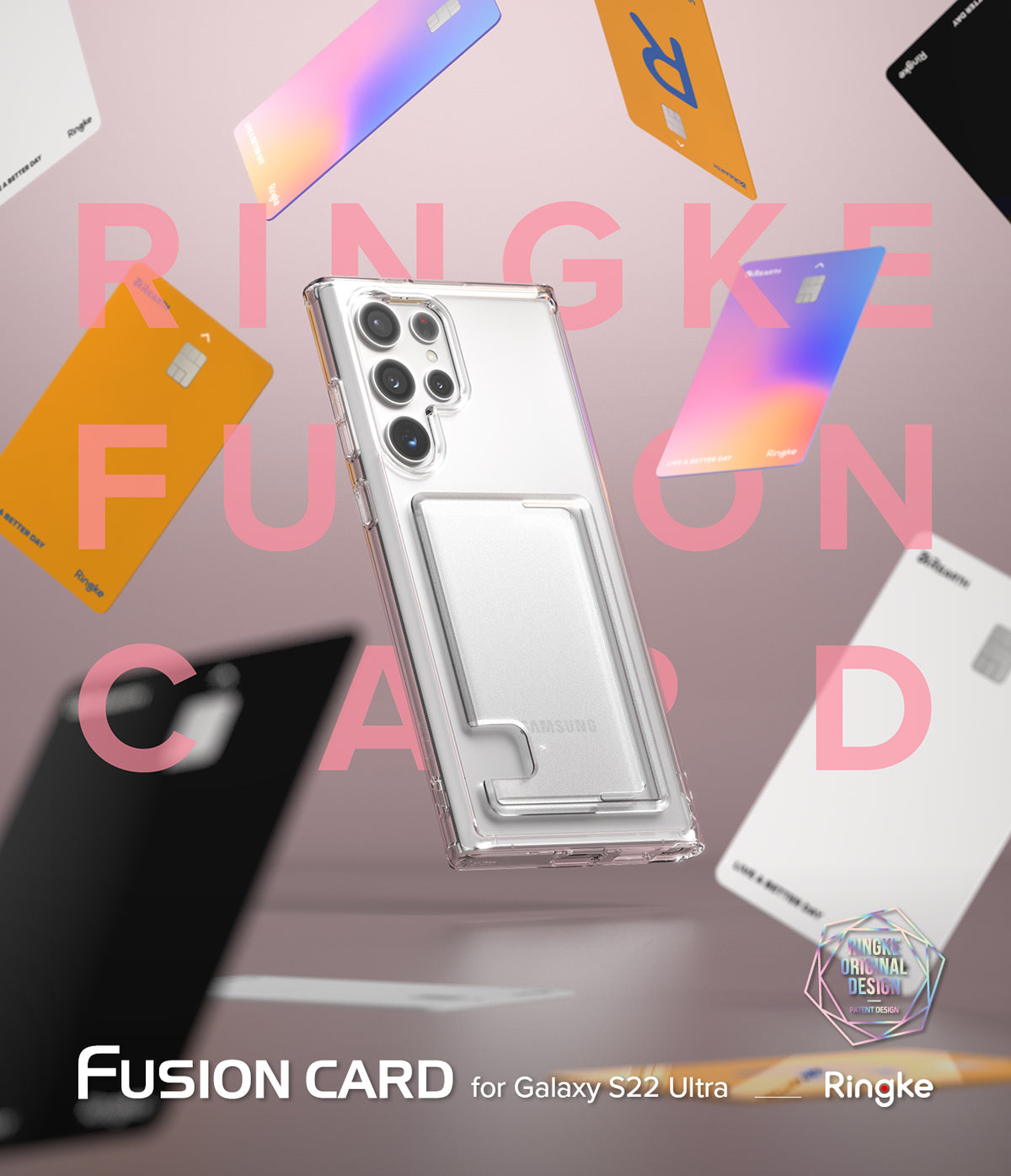 Galaxy S22 Ultra Case | Fusion Card - Clear phone case with a card slot floating among various colorful credit cards.