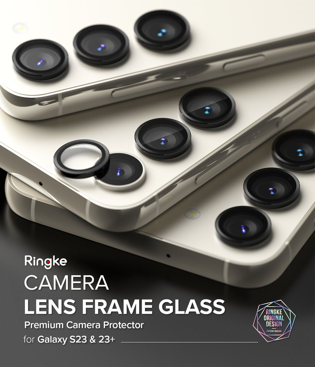 Galaxy S23 / S23 Plus Camera Lens Protector | Camera Lens Frame Glass - Galaxy S23 / S23 Plus Camera Lens Protector - Black lens frame glass protectors applied to white smartphone cameras.