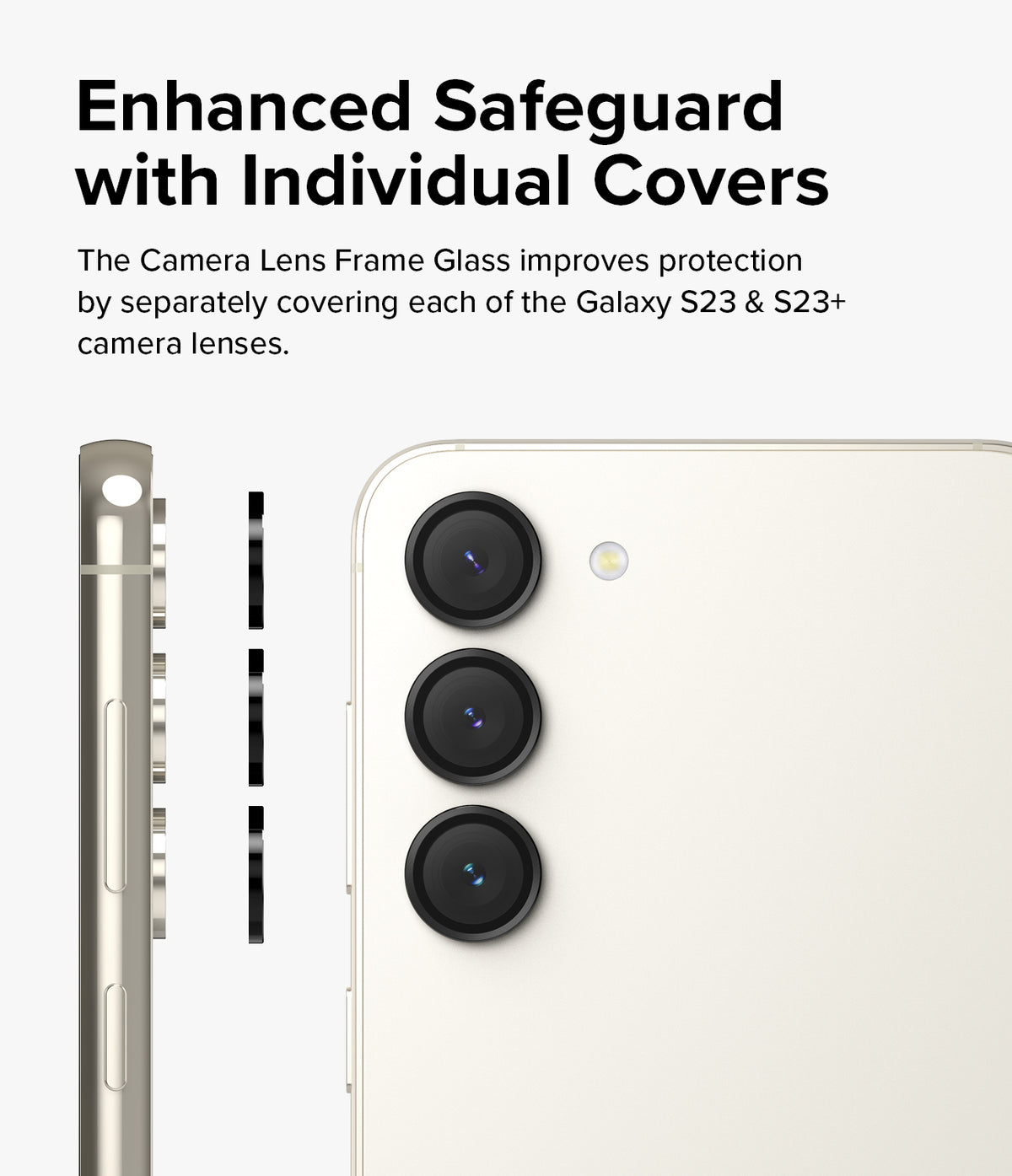 Galaxy S23 / S23 Plus Camera Lens Protector | Camera Lens Frame Glass - Galaxy S23 / S23 Plus Camera Lens Protector - Three individual black lens covers aligning with a smartphone camera.