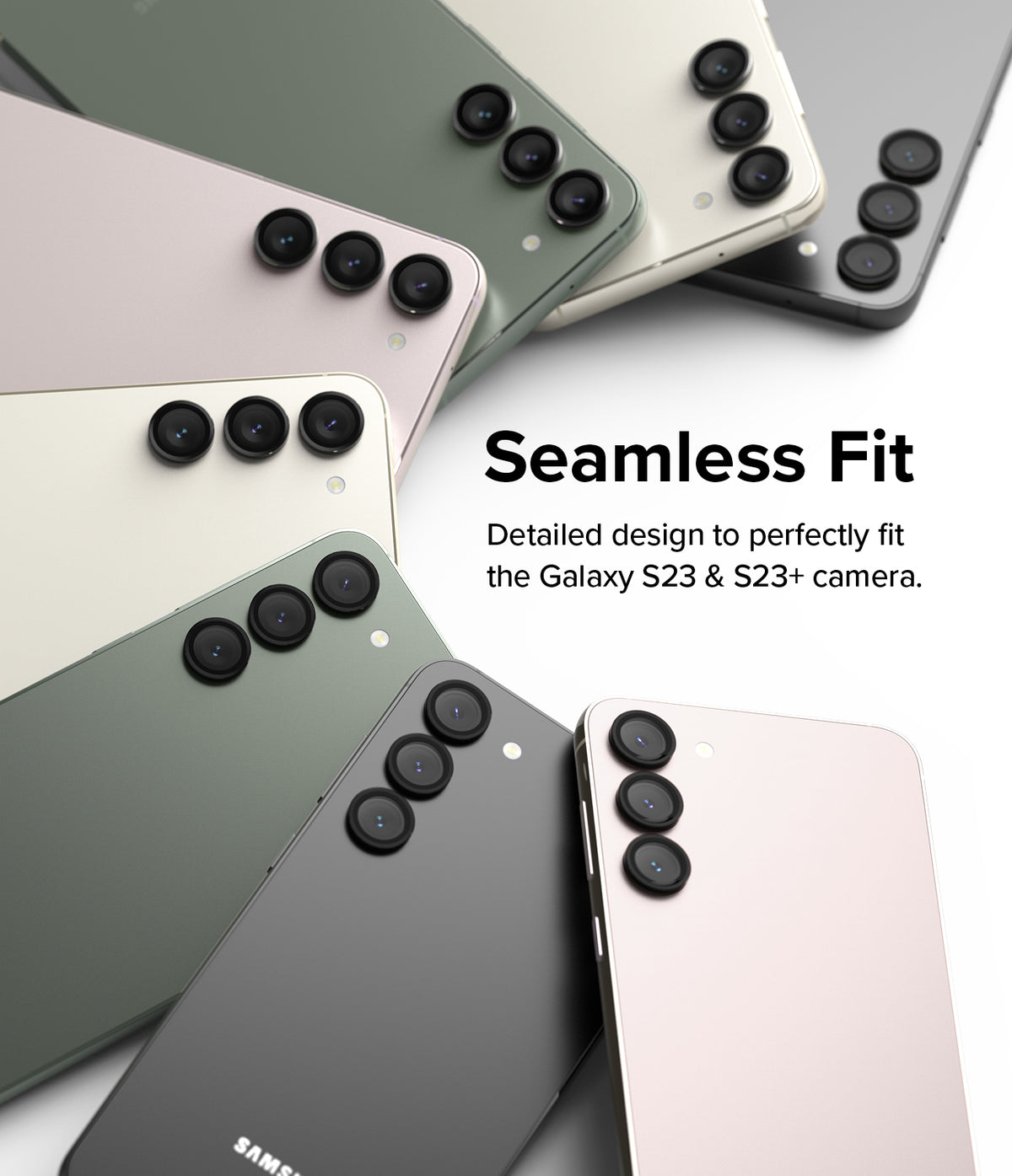 Galaxy S23 / S23 Plus Camera Lens Protector | Camera Lens Frame Glass - Galaxy S23 / S23 Plus Camera Lens Protector - Multiple Galaxy S23 phones in various colors with black camera lens protectors.