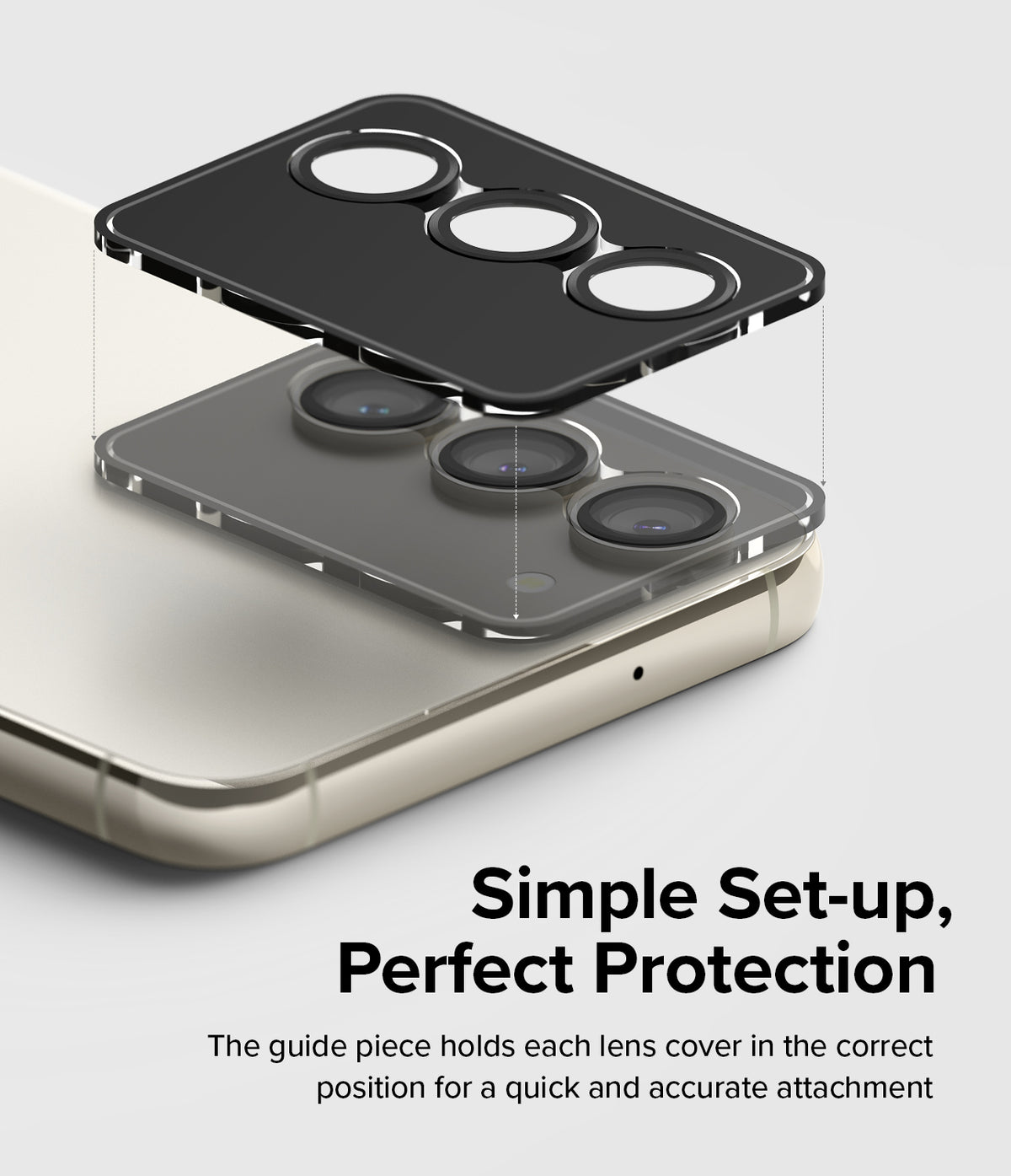 Galaxy S23 / S23 Plus Camera Lens Protector | Camera Lens Frame Glass - Galaxy S23 / S23 Plus Camera Lens Protector - Black lens frame aligning over a smartphone camera array for installation.
