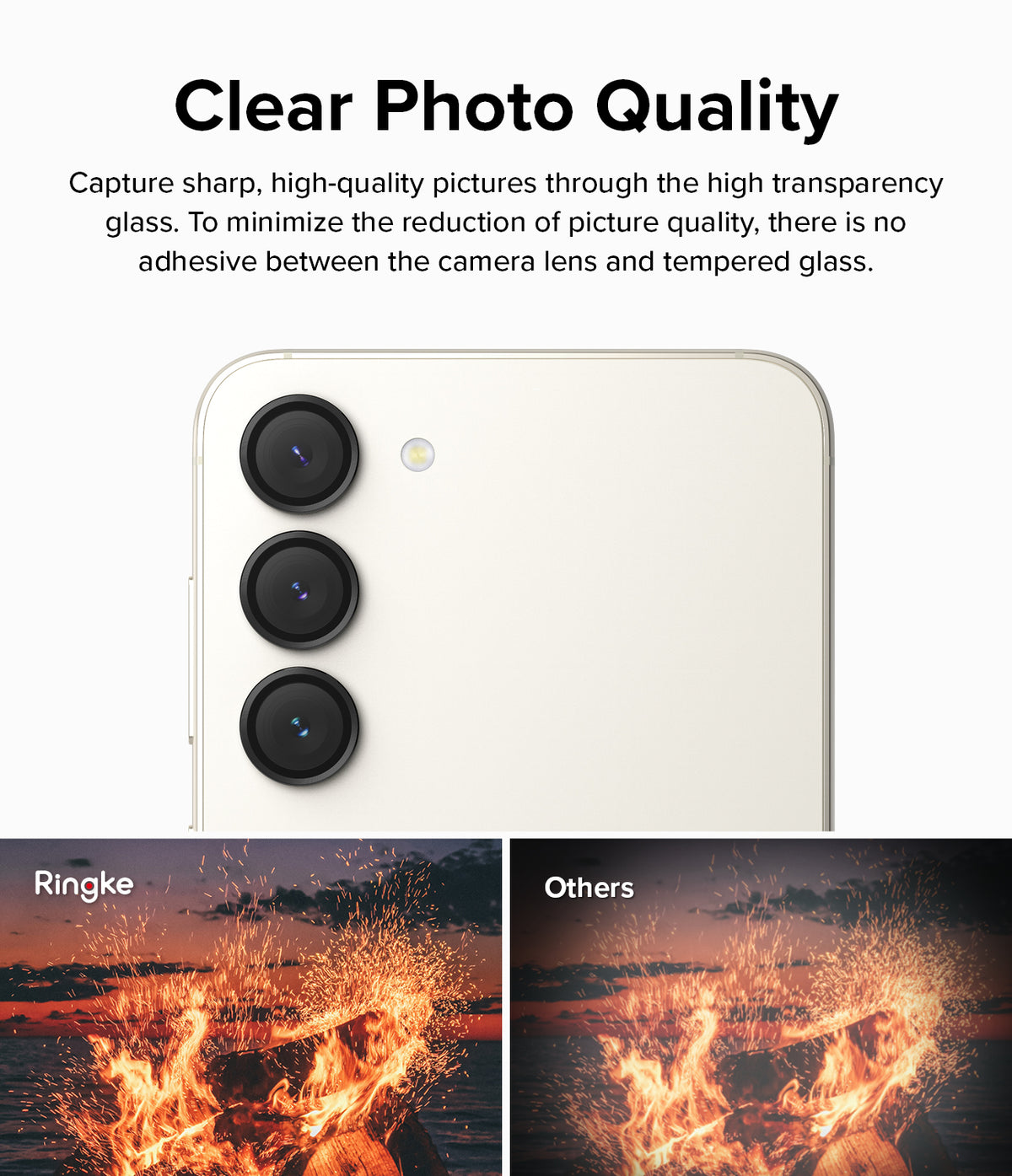 Galaxy S23 / S23 Plus Camera Lens Protector | Camera Lens Frame Glass - Galaxy S23 / S23 Plus Camera Lens Protector - Phone with lens covers showing clear, high-quality fire photography.
