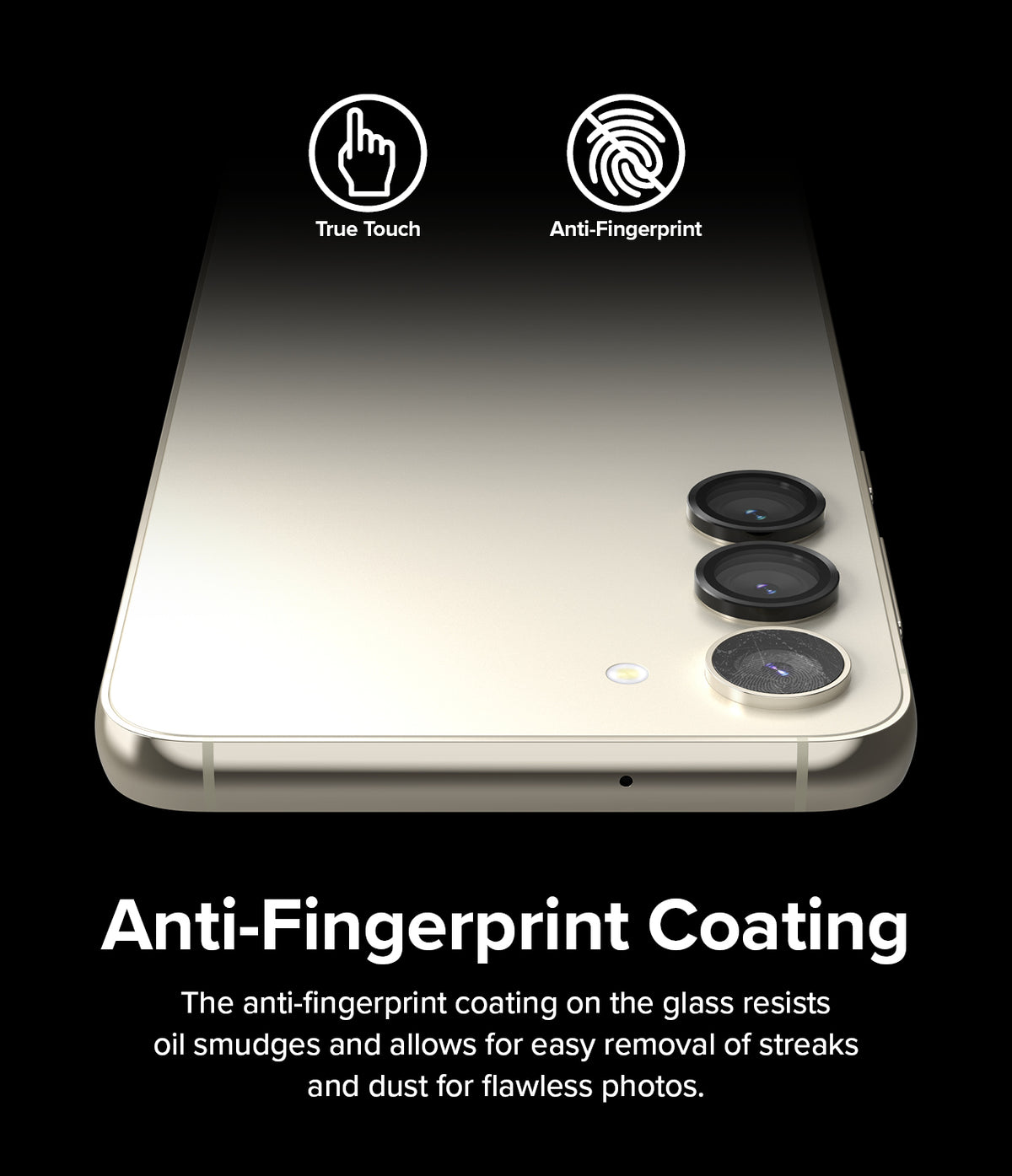 Galaxy S23 / S23 Plus Camera Lens Protector | Camera Lens Frame Glass - Galaxy S23 / S23 Plus Camera Lens Protector - Smartphone with black lens covers highlighting anti-fingerprint features.