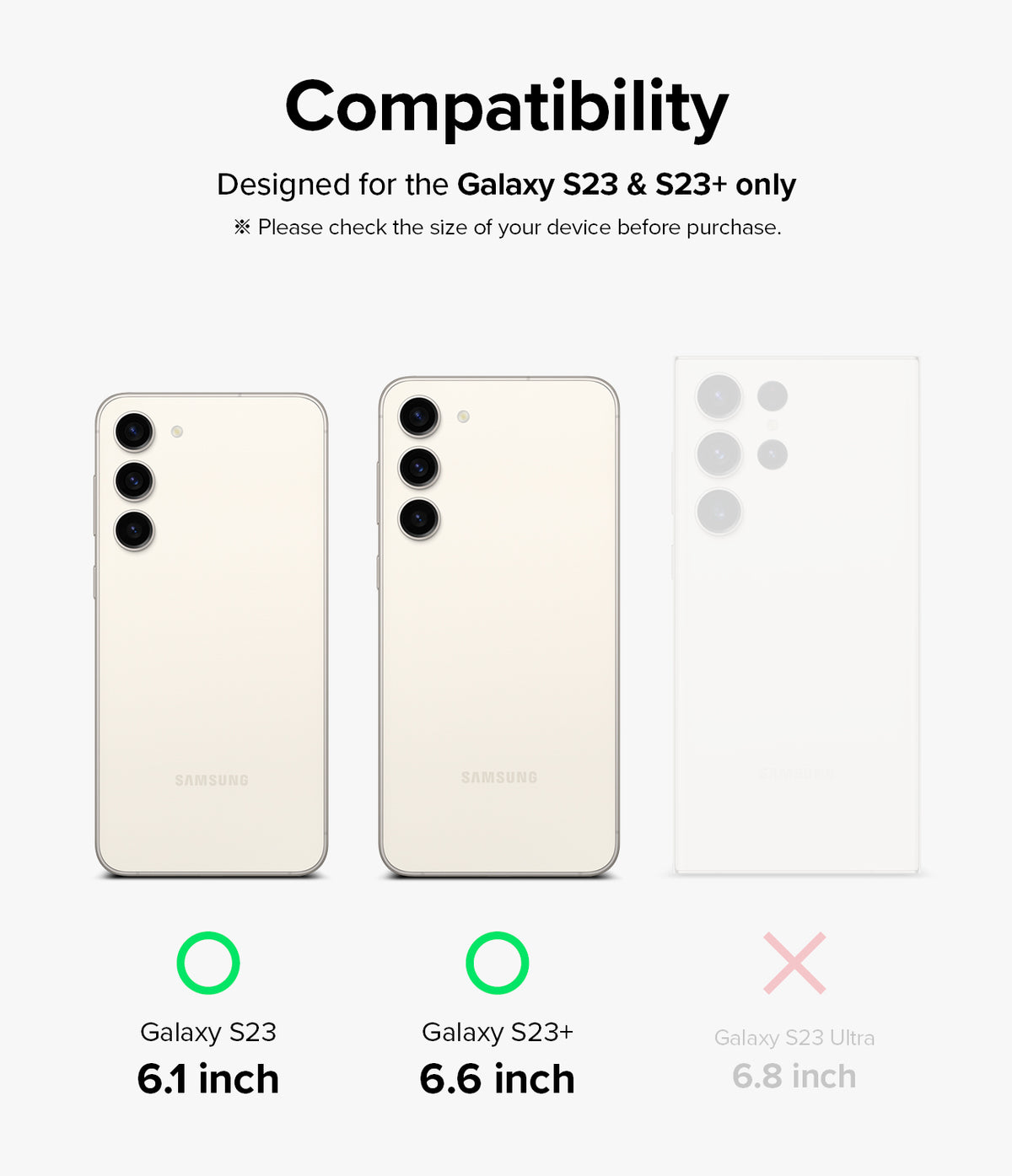 Galaxy S23 / S23 Plus Camera Lens Protector | Camera Lens Frame Glass - Galaxy S23 / S23 Plus Camera Lens Protector - Compatibility chart showing S23 and S23+ are compatible, but S23 Ultra is not.
