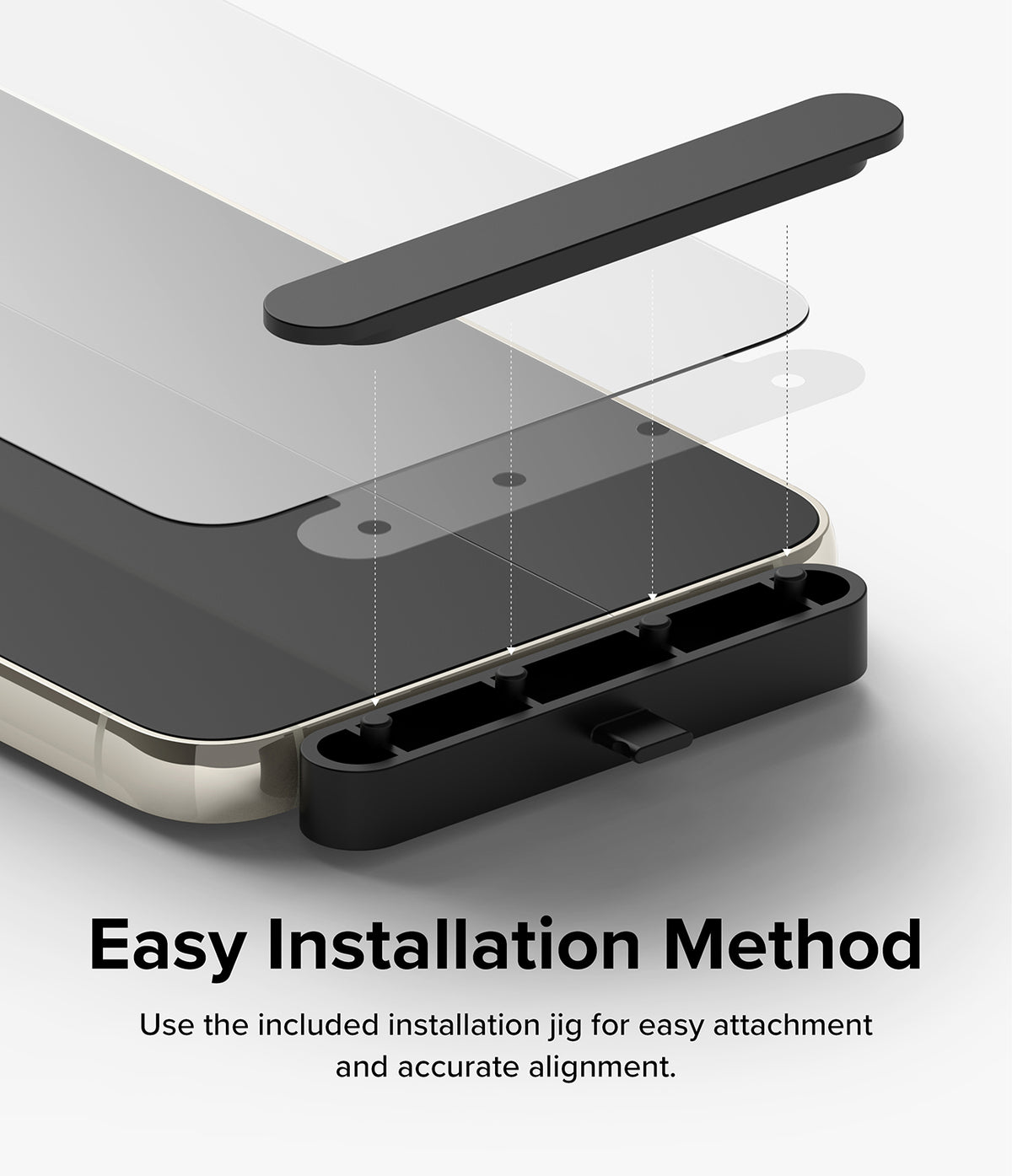 Galaxy S23 Screen Protector | Full Cover Glass - Galaxy S23 Screen Protector - Exploded view showing a glass screen protector aligning onto a phone using an installation jig.