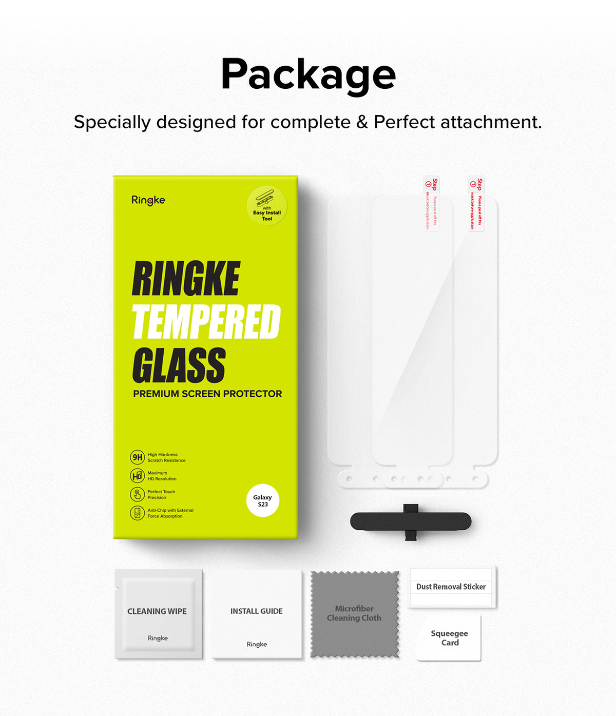 Galaxy S23 Screen Protector | Full Cover Glass - Ringke tempered glass packaging with screen protectors, install tool, and cleaning accessories.