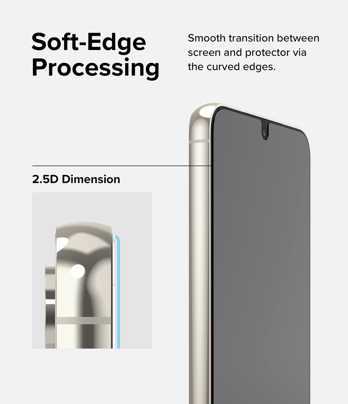 Galaxy S23 Screen Protector | Full Cover Glass - Close-up of phone screen with 2.5D curved edges and soft-edge glass.