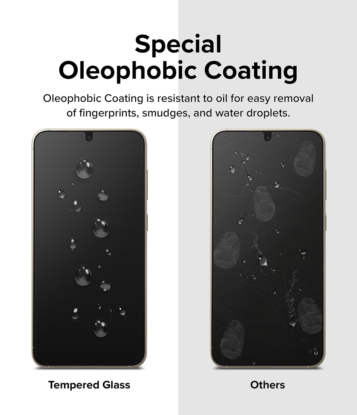 Galaxy S23 Screen Protector | Full Cover Glass - Comparison of oleophobic glass with water beads versus others with smudges.