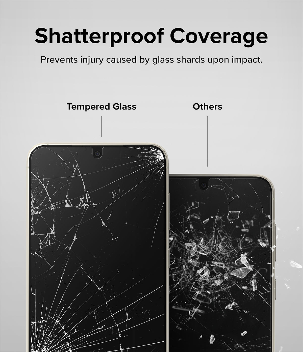 Galaxy S23 Screen Protector | Full Cover Glass - Galaxy S23 Screen Protector - Comparison showing tempered glass holding cracks together versus shattered shards.