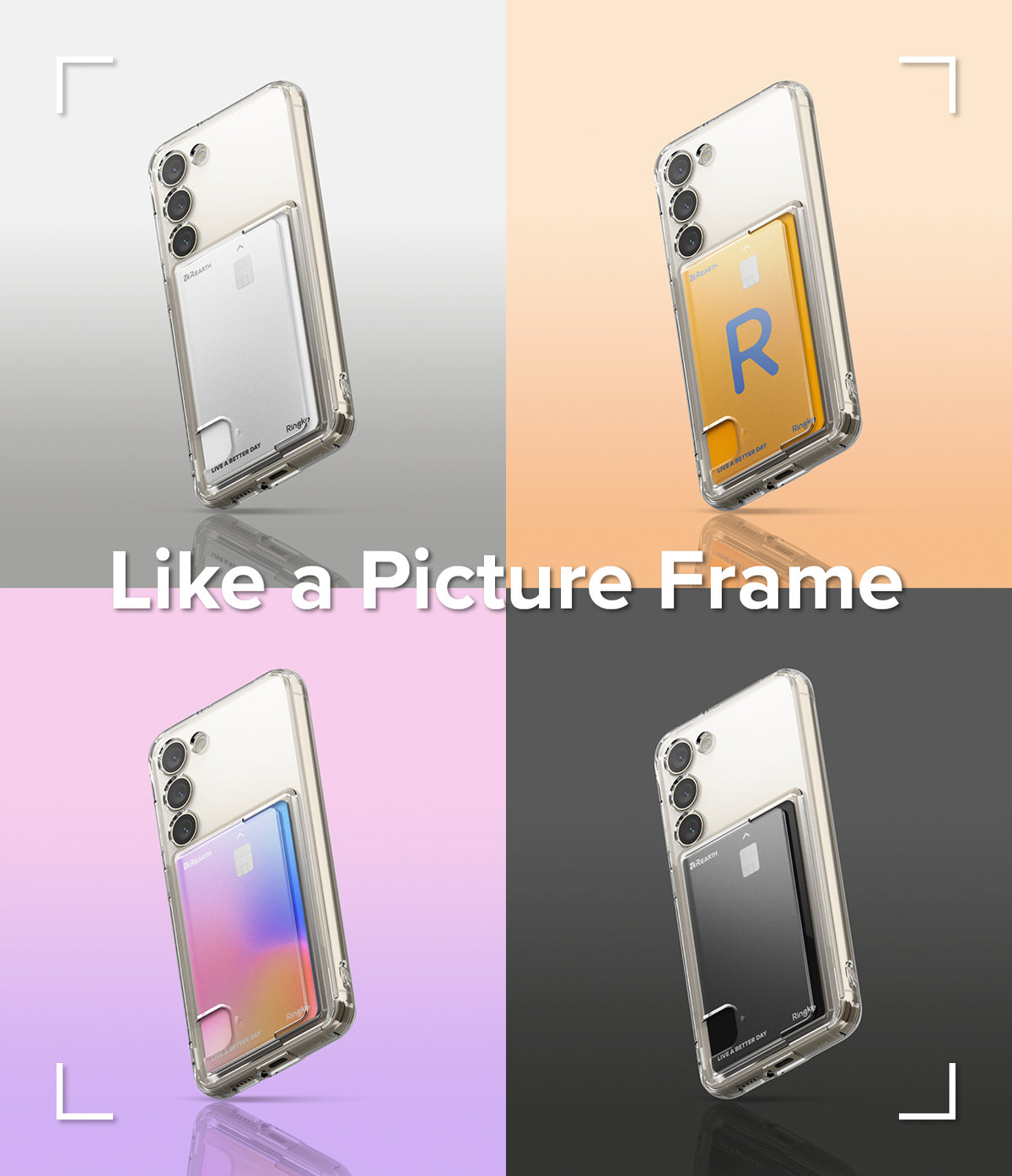 Galaxy S23 Case | Fusion Card - Four Galaxy S23 phones in clear card-slot cases against colorful backgrounds.