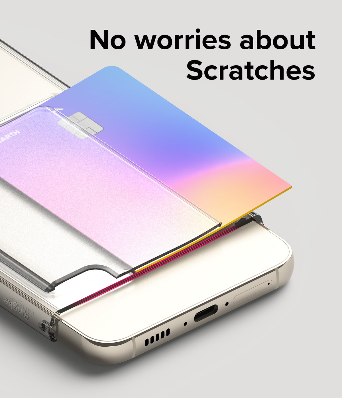 Galaxy S23 Case | Fusion Card - A credit card sliding into a clear phone case slot with the text No worries about Scratches.