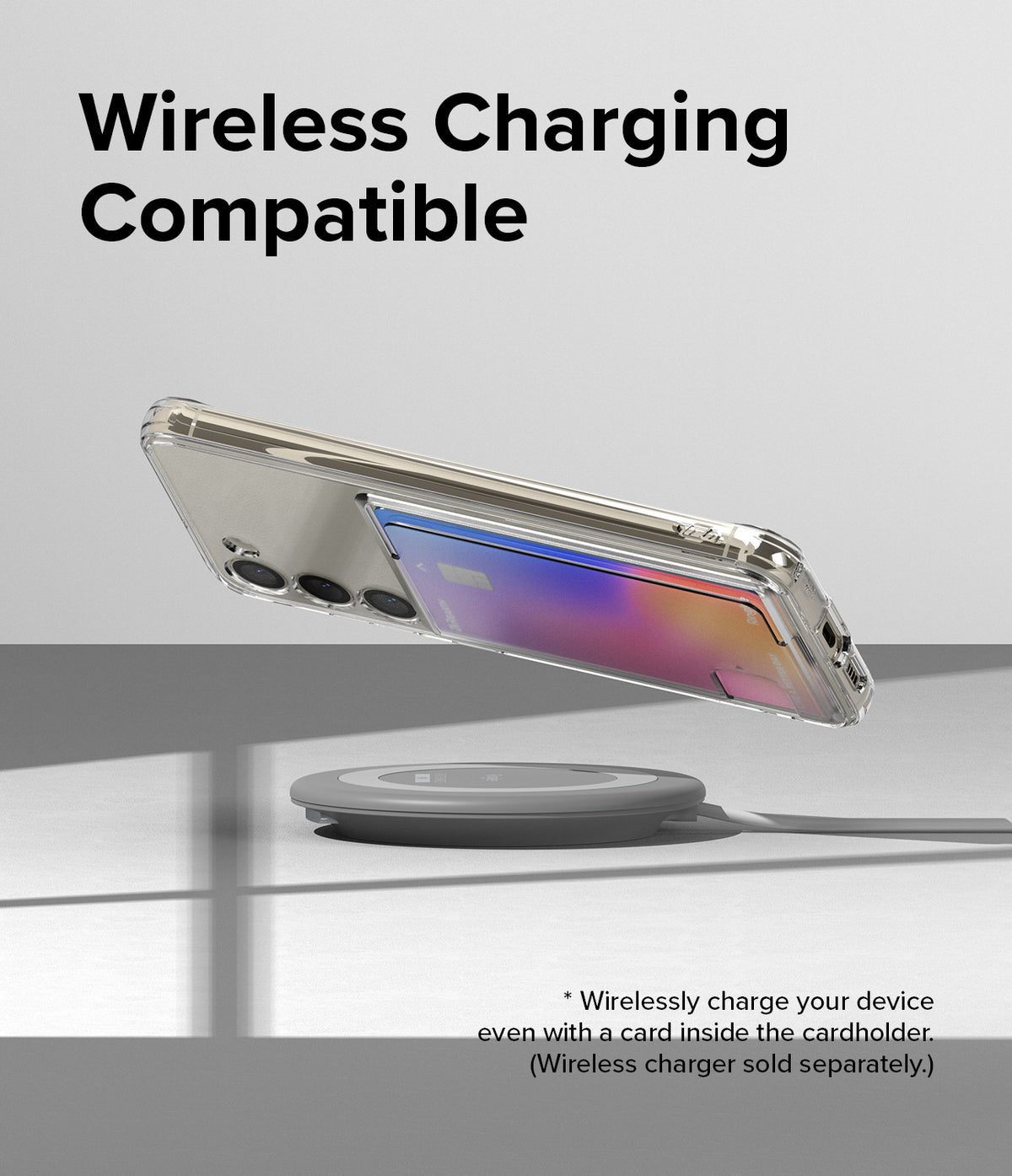 Galaxy S23 Case | Fusion Card - A clear phone case with a card holder hovering above a wireless charging pad.