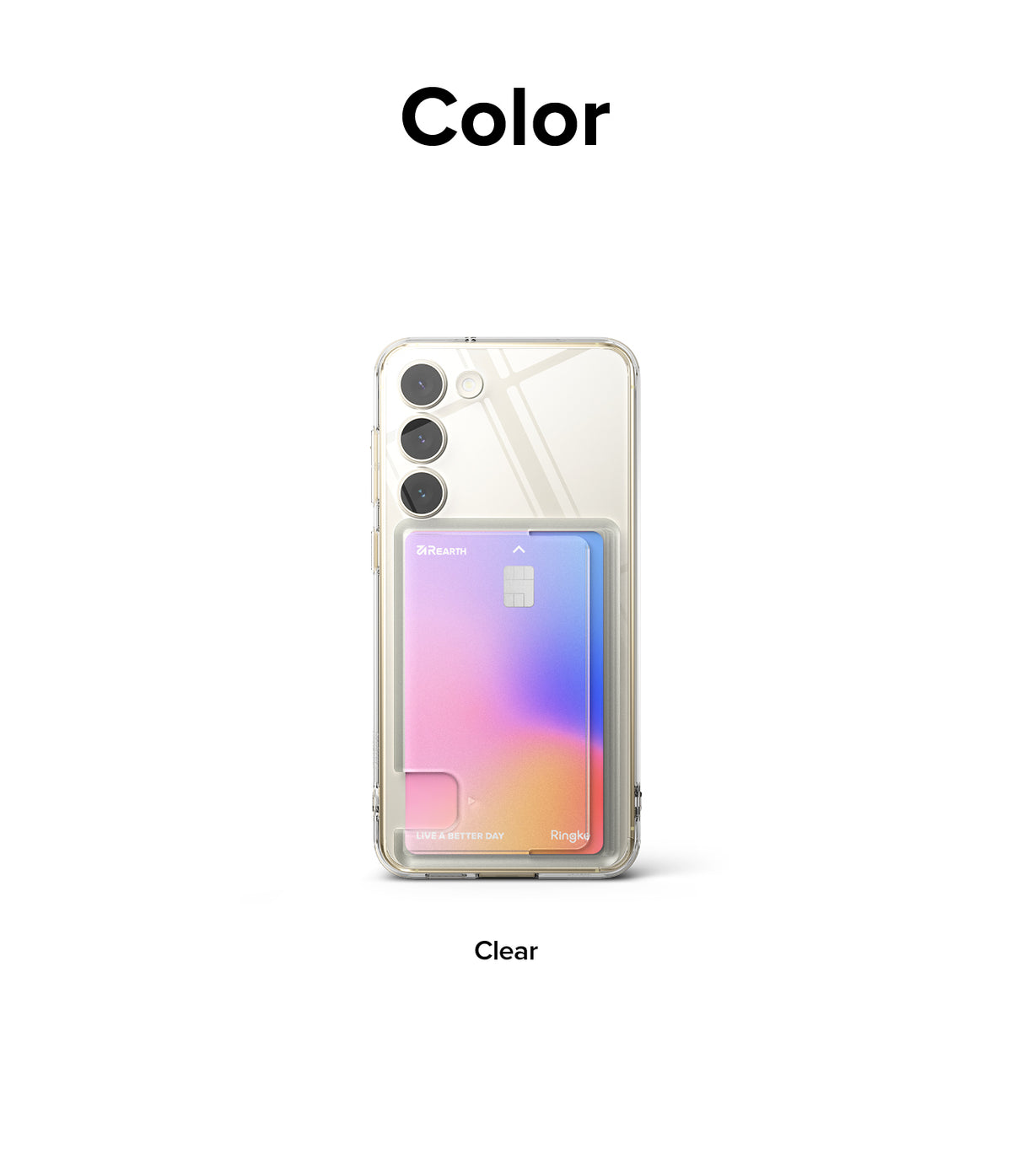 Galaxy S23 Case | Fusion Card - Clear phone case holding a colorful gradient credit card on the back of a Galaxy S23.