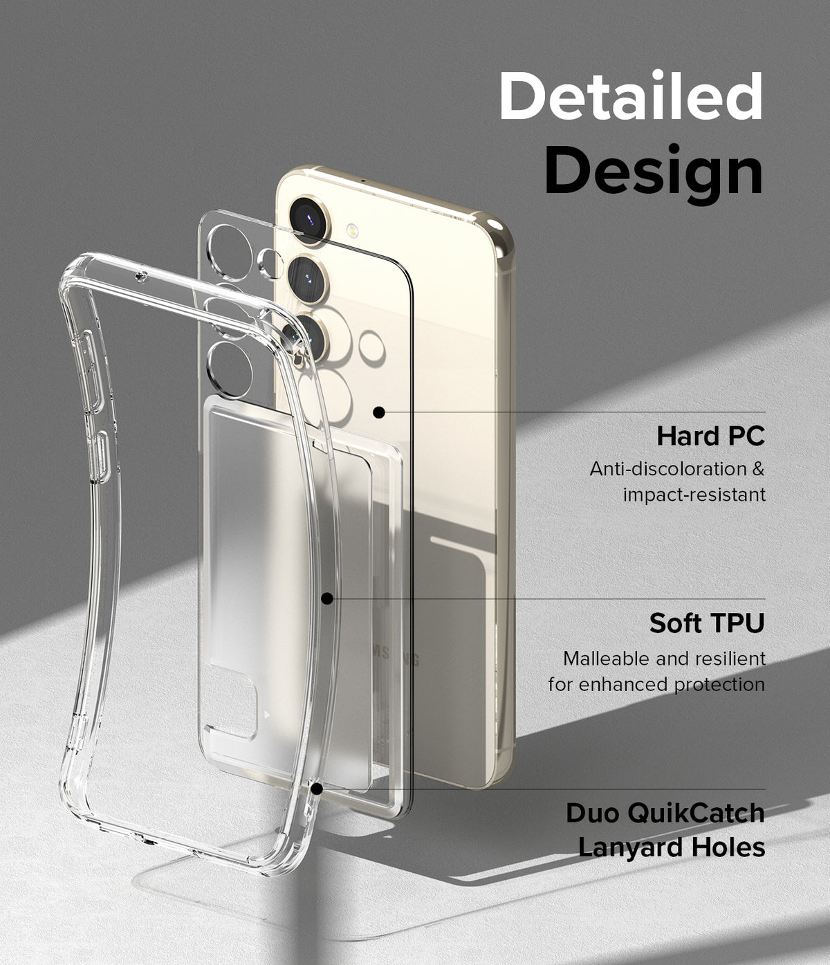 Galaxy S23 Case | Fusion Card - Exploded view of a clear phone case highlighting hard PC, soft TPU, and lanyard holes.