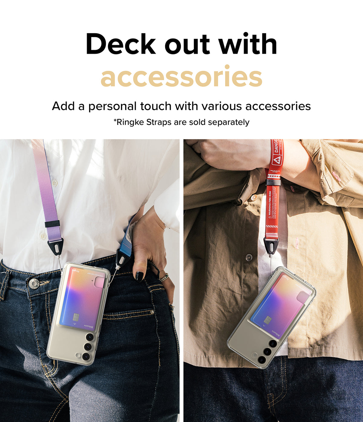 Galaxy S23 Case | Fusion Card - Two people wearing Galaxy S23 phones in clear cases with card slots and colorful neck straps.