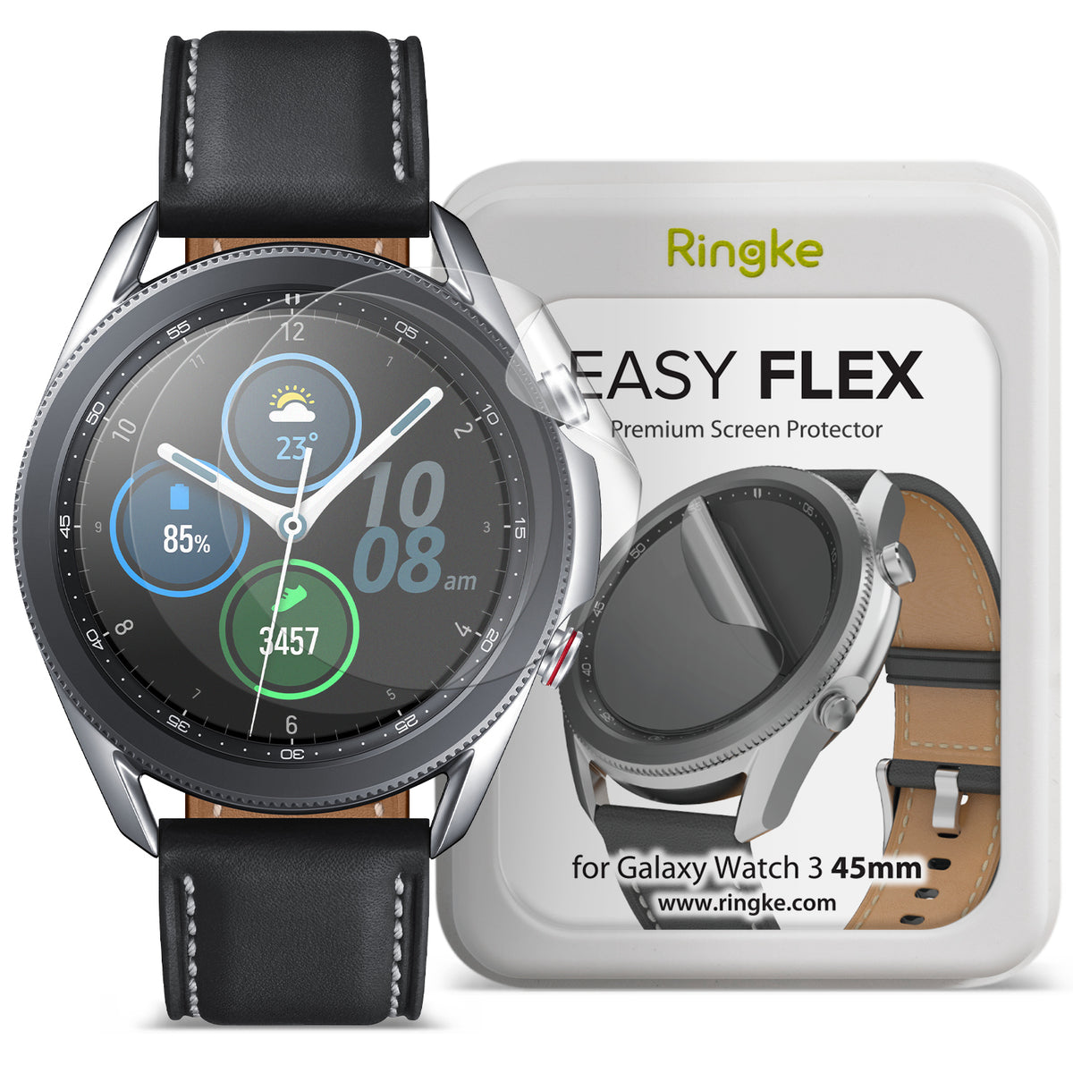 Galaxy Watch 3 45mm | Easy Flex - A Galaxy Watch 3 with a screen protector next to its Ringke Easy Flex packaging.