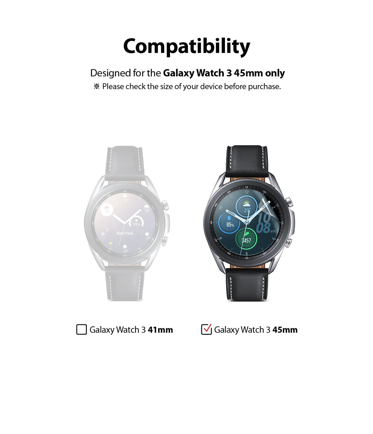 Galaxy Watch 3 45mm | Easy Flex - Compatibility chart showing the 45mm model is the correct fit for this screen protector.