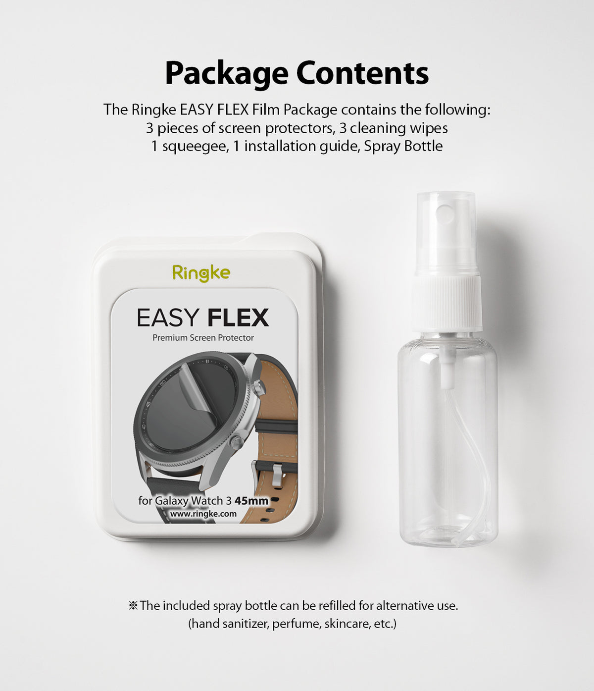 Galaxy Watch 3 45mm | Easy Flex - Ringke screen protector packaging and a clear spray bottle on a white background.