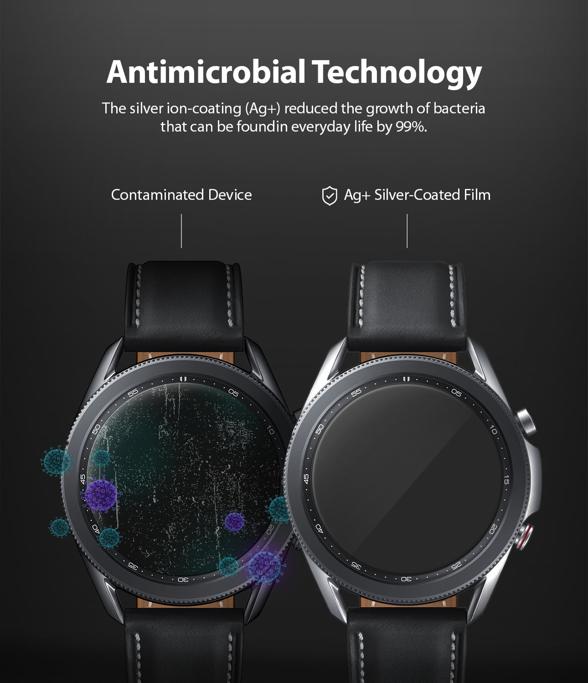 Galaxy Watch 3 45mm | Easy Flex - Comparison of a dirty watch screen with bacteria versus a clean silver-coated film screen.