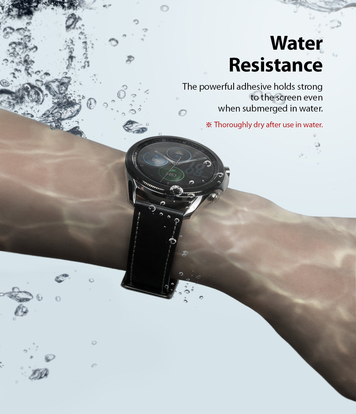 Galaxy Watch 3 45mm | Easy Flex - A Galaxy Watch 3 submerged in water with text highlighting its water-resistant adhesive.