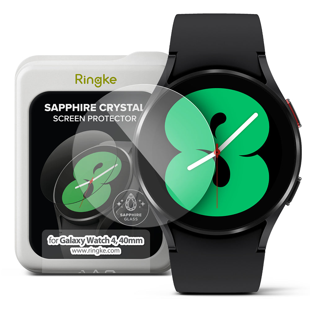 Galaxy Watch 5 / 4 (40mm) Screen Protector | Sapphire Crystal Glass - Galaxy Watch 5 / 4 (40mm) Screen Protector - Sapphire glass protector hovering over a black smartwatch with green face.