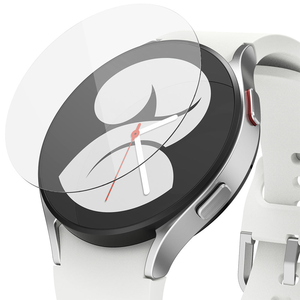 Galaxy Watch 5 / 4 40mm Screen Protector | Glass - R4 - Clear circular glass screen protector hovering above a silver smartwatch with a white band.