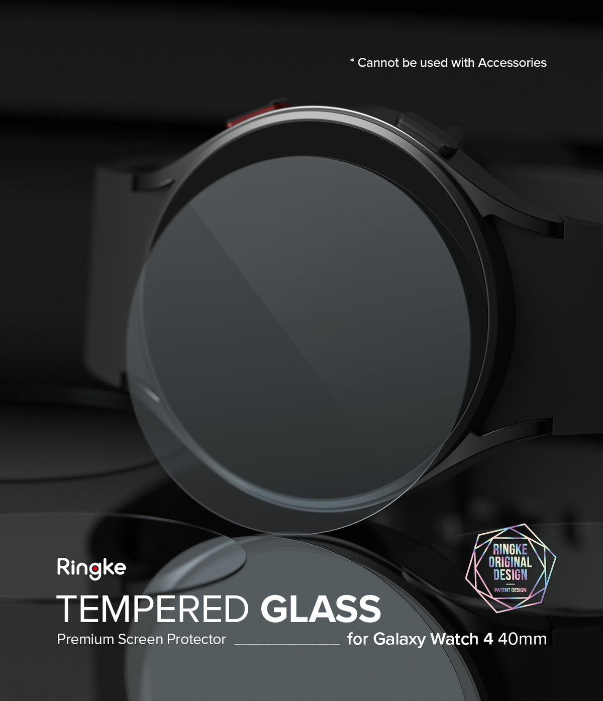 Galaxy Watch 5 / 4 40mm Screen Protector | Glass - R4 - Tempered glass screen protector hovering over a black smartwatch.
