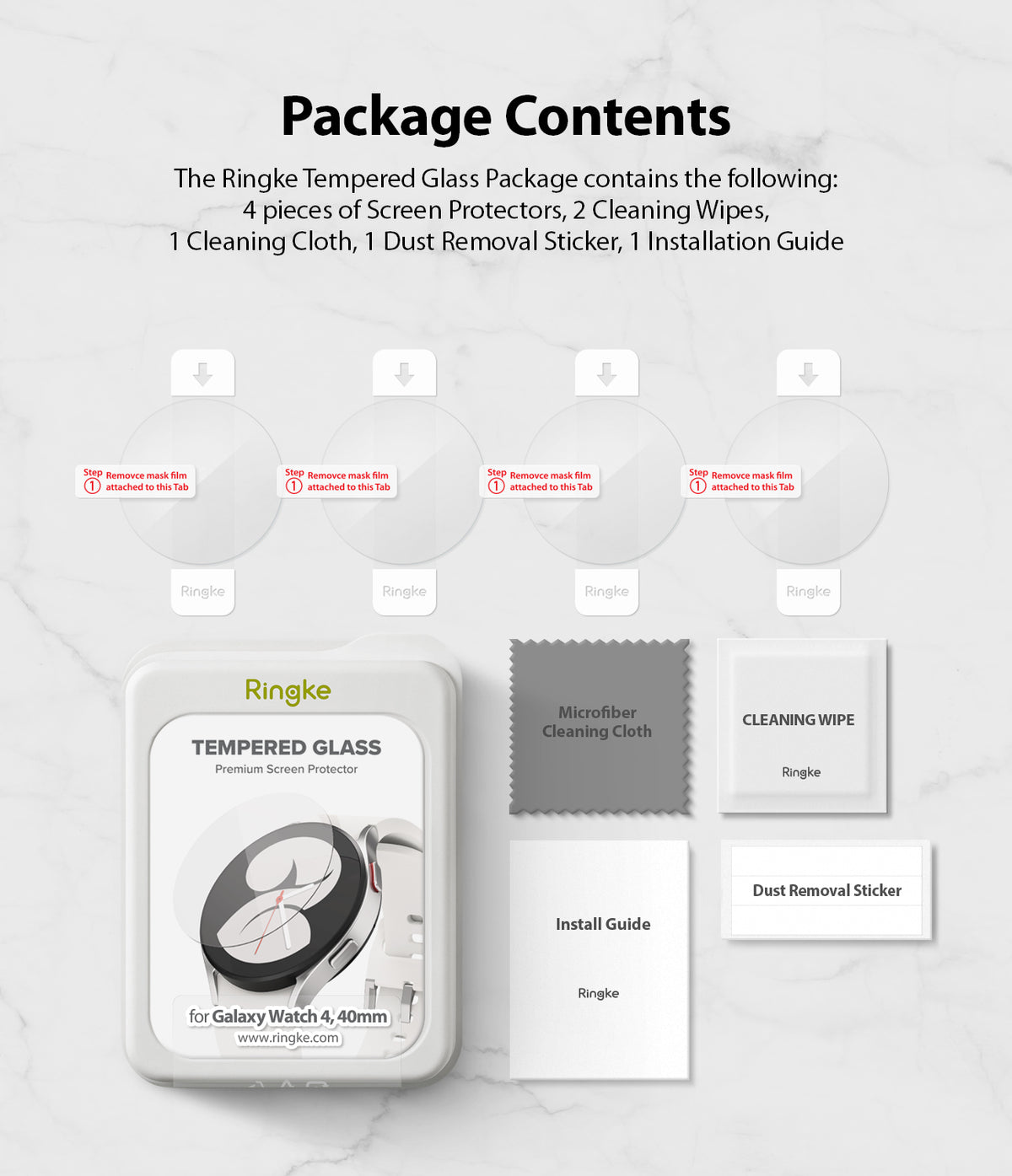 Galaxy Watch 5 / 4 40mm Screen Protector | Glass - R4 - Galaxy Watch 5 / 4 40mm Screen Protector - Four circular glass protectors, cleaning cloth, wipes, and installation guide.