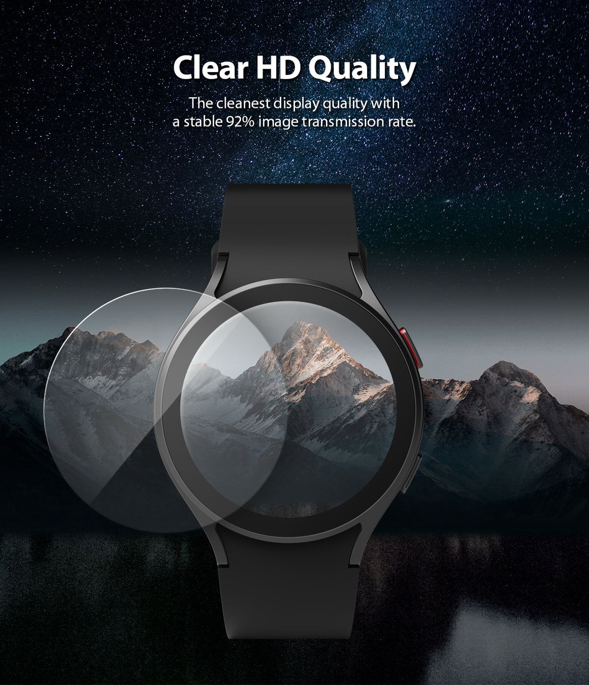 Galaxy Watch 5 / 4 Screen Protector | Glass - R4 - Clear glass protector hovering over a smartwatch displaying a mountain.