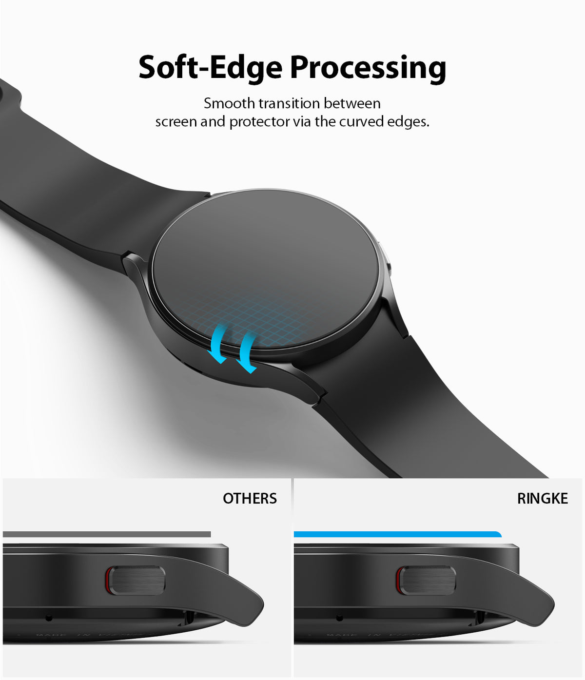 Galaxy Watch 5 / 4 40mm Screen Protector | Glass - R4 - Galaxy Watch 5 / 4 40mm Screen Protector - Smartwatch with curved glass edges and comparison of smooth vs flat fit.