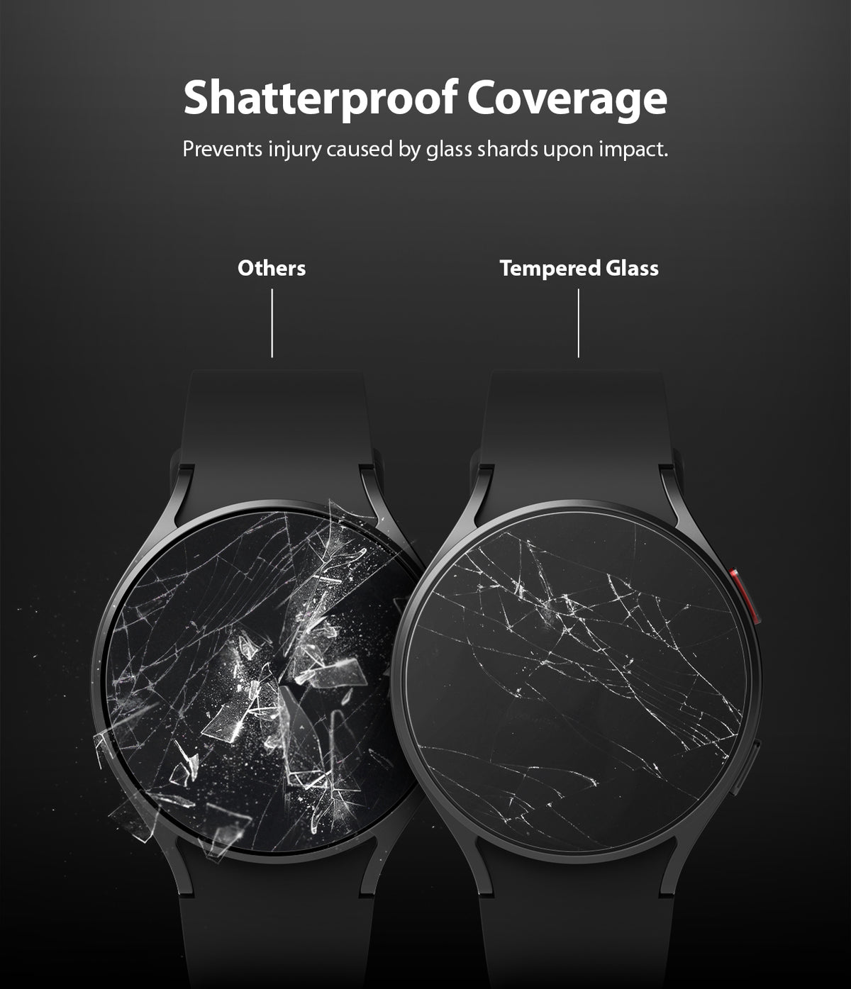 Galaxy Watch 5 / 4 Screen Protector | Glass - R4 - Comparison of shattered standard glass versus crack-resistant tempered glass.