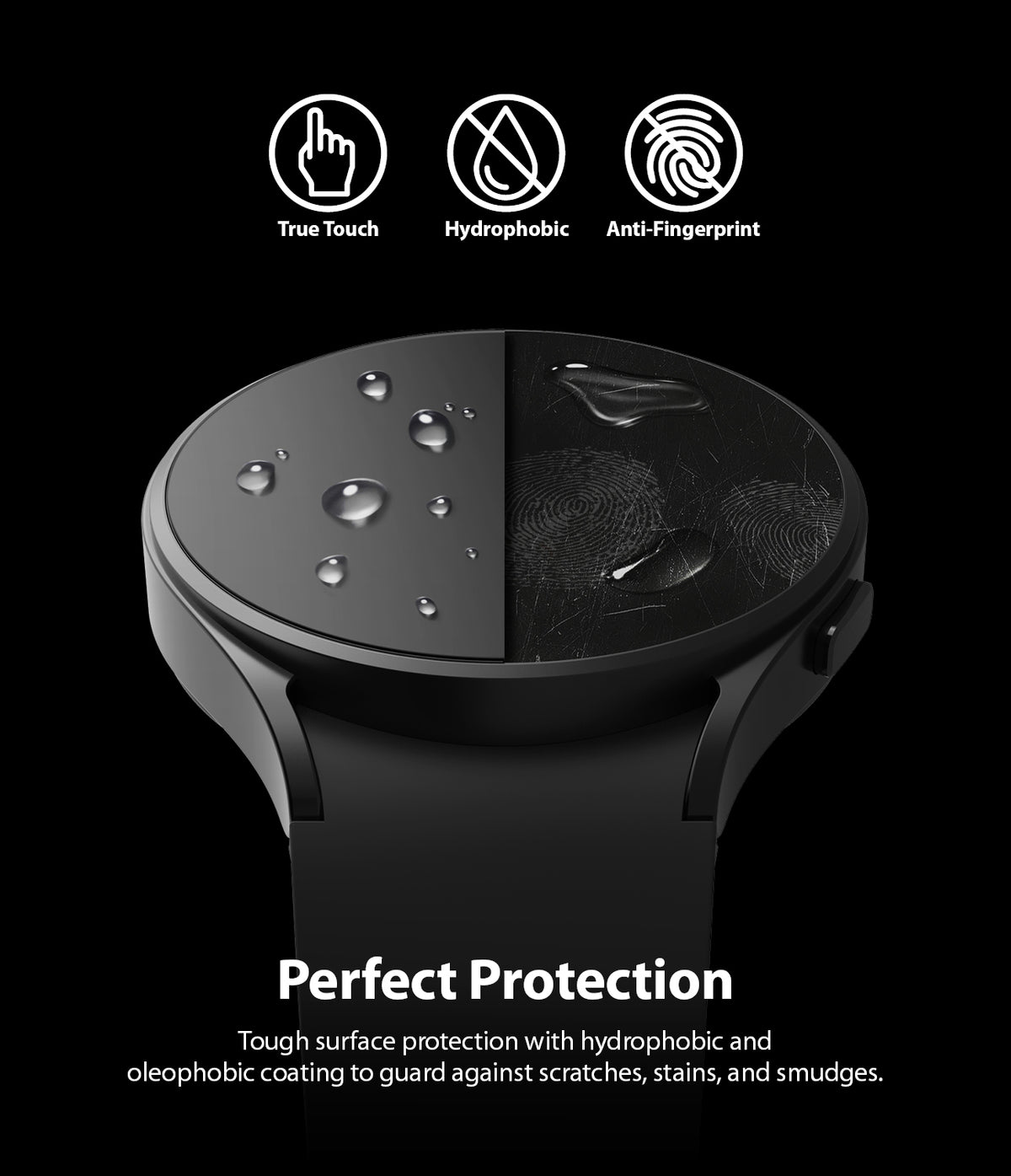 Galaxy Watch 5/4 44mm Screen Protector | Glass - R6 - Split-screen watch face showing water-repellent coating vs smudges.