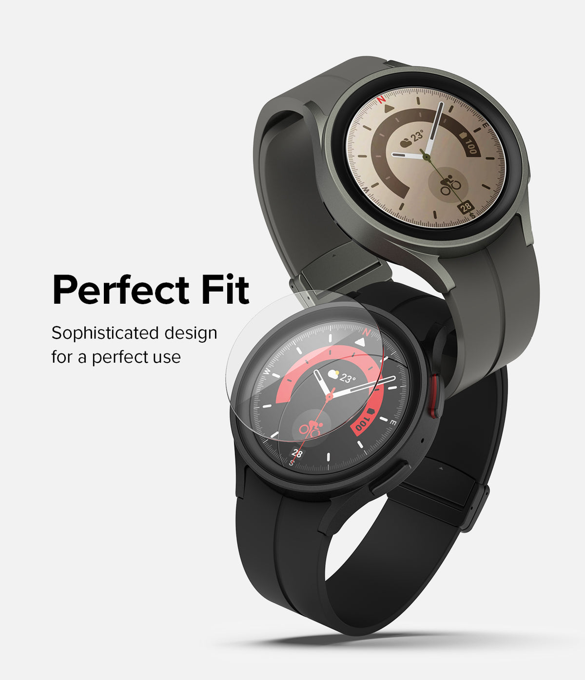 Galaxy Watch 5 Pro 45mm Screen Protector | Glass - R7 - Galaxy Watch 5 Pro 45mm Screen Protector - Two smartwatches with a clear glass screen protector hovering above one face.