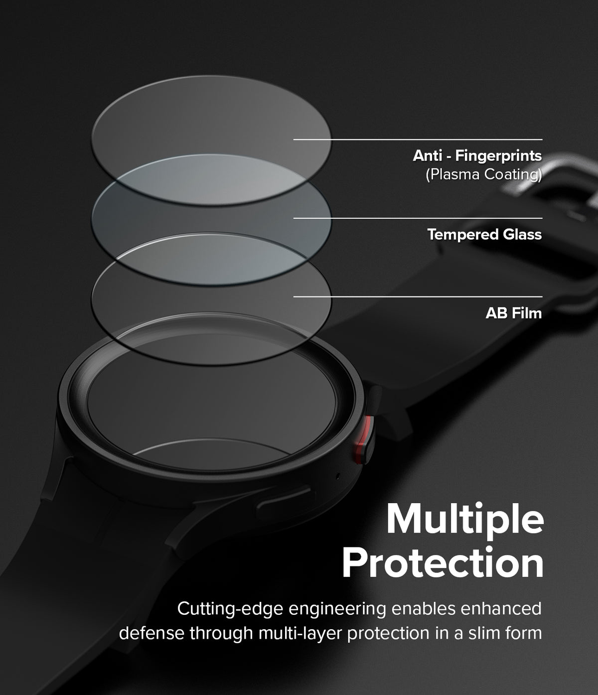 Galaxy Watch 5 Pro 45mm Screen Protector | Glass - R7 - Galaxy Watch 5 Pro 45mm Screen Protector - Exploded view of screen protector layers over a black smartwatch.