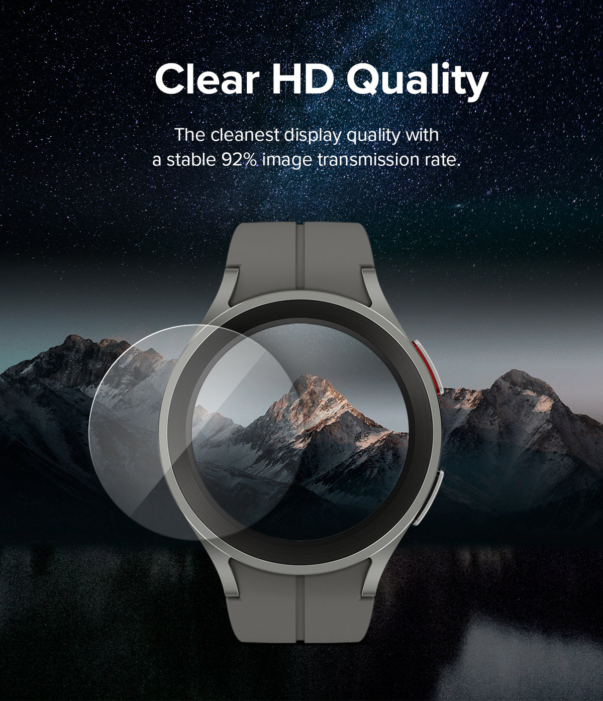Galaxy Watch 5 Pro 45mm Screen Protector | Glass - R7 - Transparent screen protector hovering over a smartwatch face.