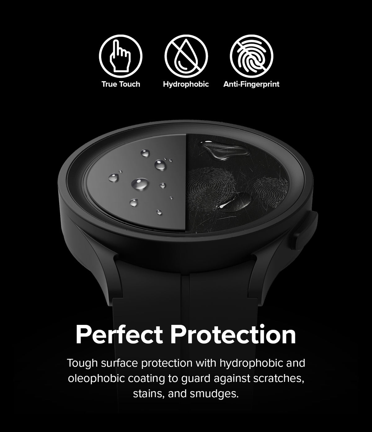 Galaxy Watch 5 Pro 45mm Screen Protector | Glass - R7 - Galaxy Watch 5 Pro 45mm Screen Protector - Watch face showing water-repellent coating vs smudged surface with icons.