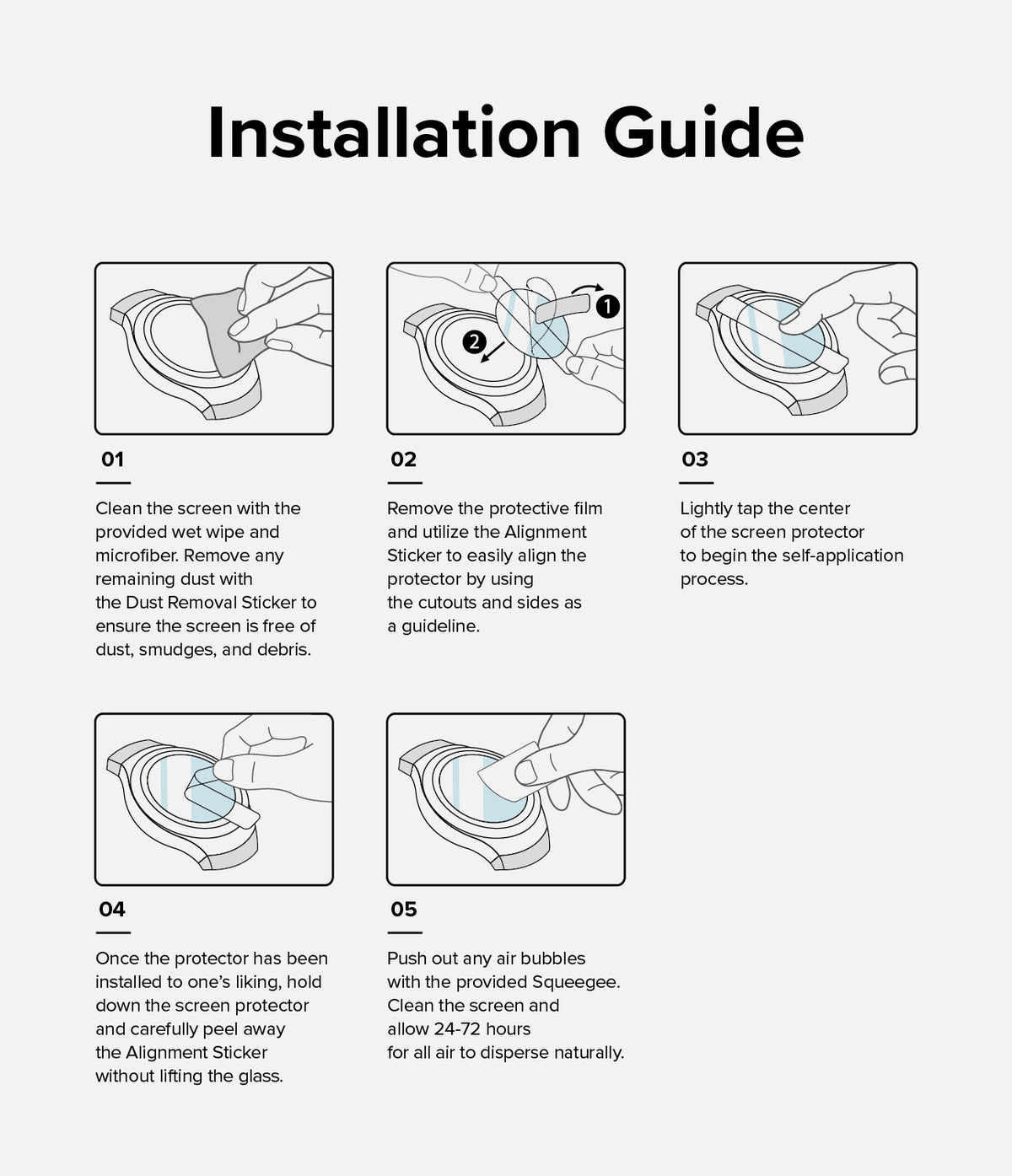 Galaxy Watch 5 Pro 45mm Screen Protector | Glass - R7 - Galaxy Watch 5 Pro 45mm Screen Protector - Five-step illustrated guide showing how to clean, align, and apply the glass.