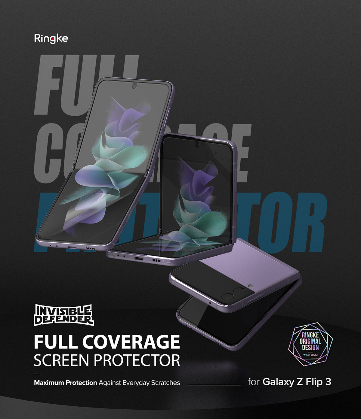 Galaxy Z Flip 3 Screen Protector - Three purple Galaxy Z Flip 3 phones in various folded states against a dark background.
