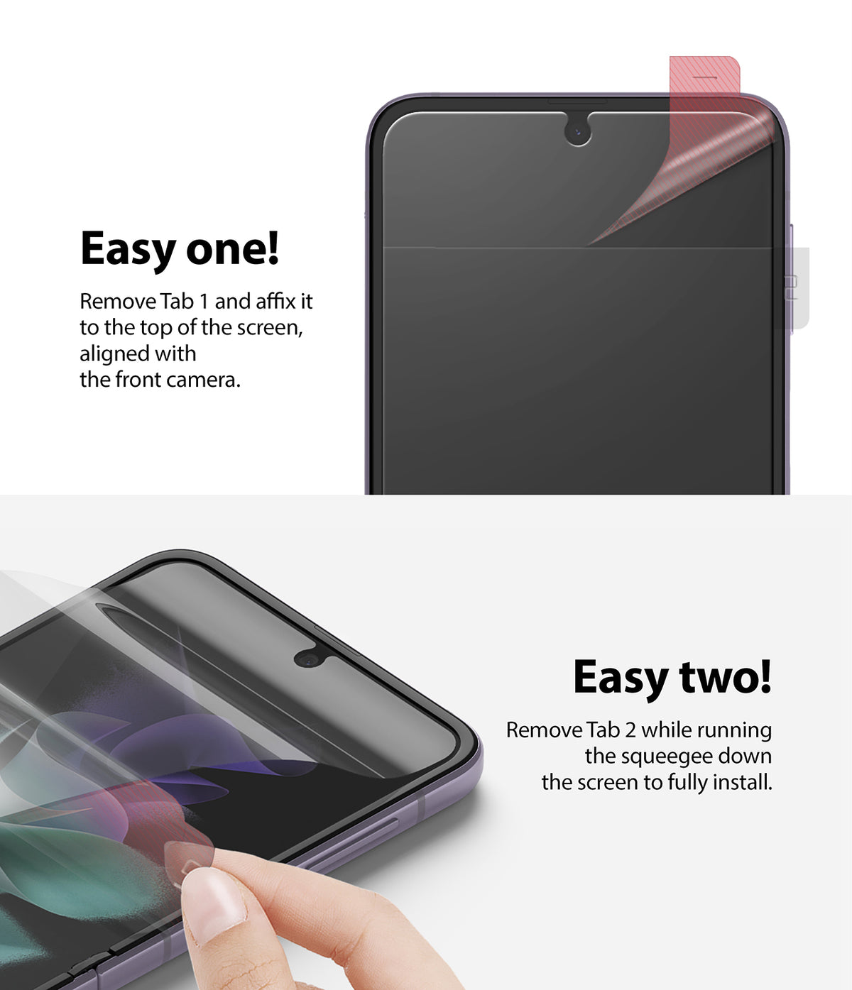 Galaxy Z Flip 3 Screen Protector - Two-step installation guide showing how to align and apply the film to the phone screen.