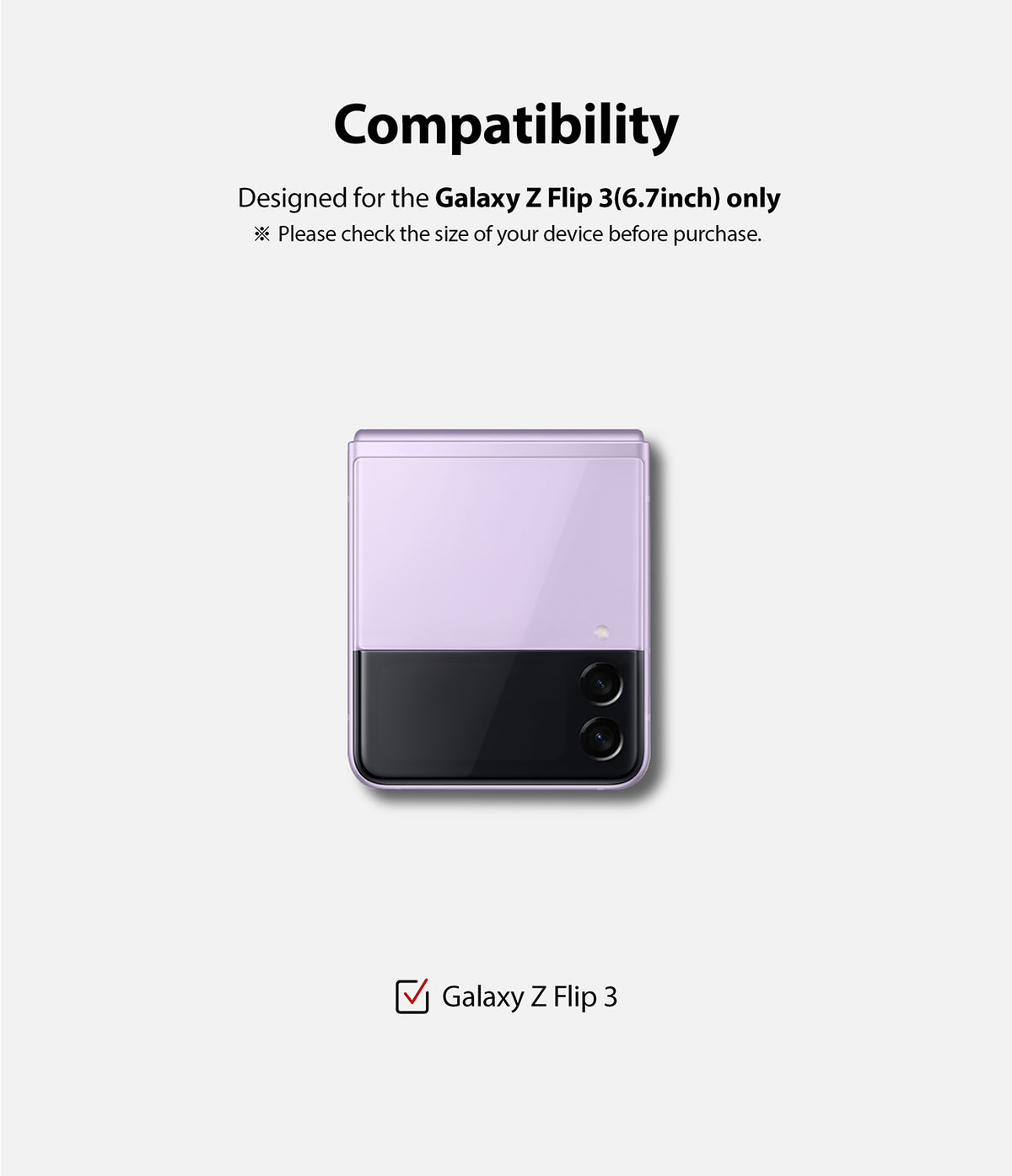 Galaxy Z Flip 3 Screen Protector - Compatibility chart for a lavender Galaxy Z Flip 3 smartphone.