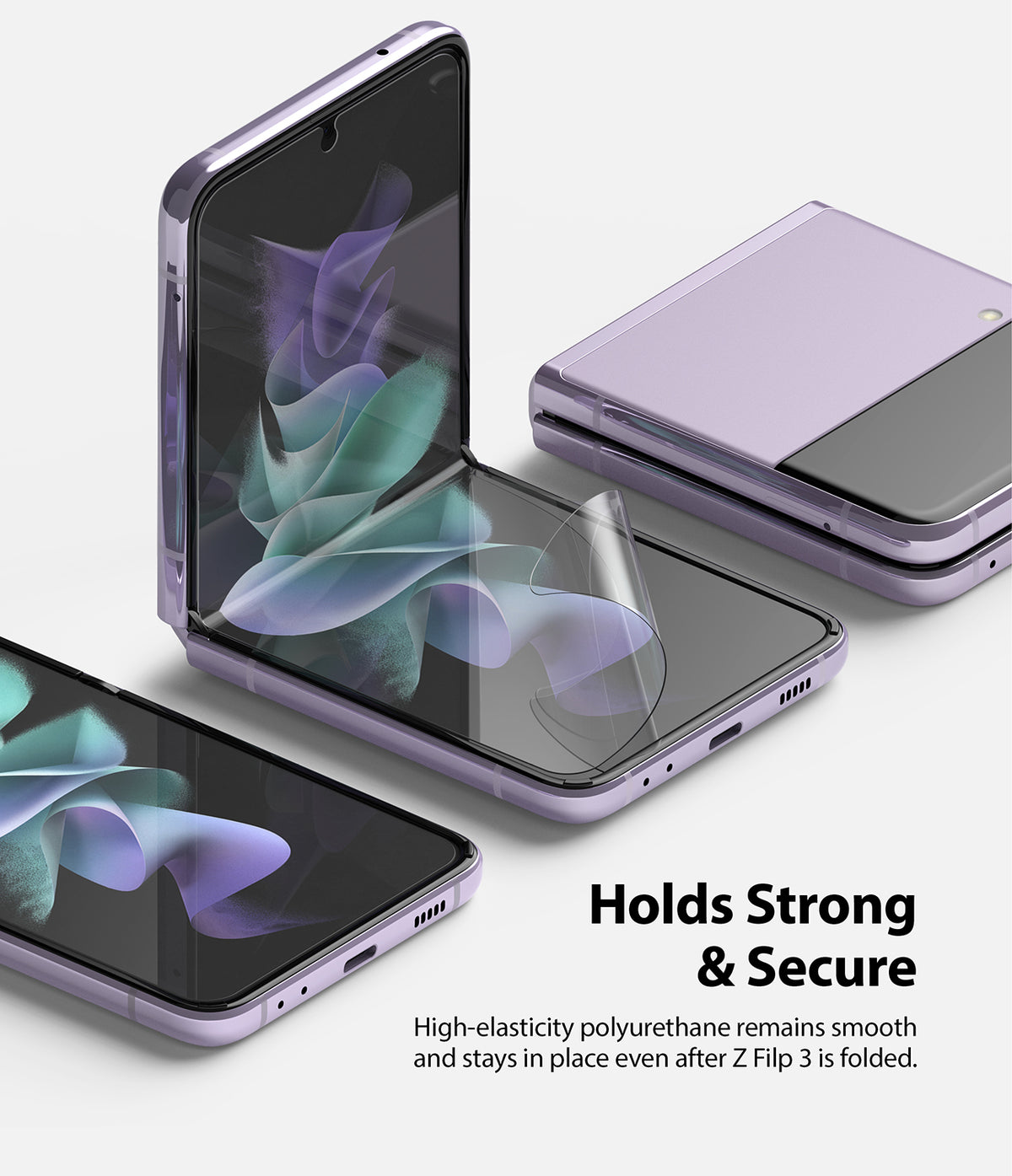 Galaxy Z Flip 3 Screen Protector - Transparent film being applied to a purple folding smartphone screen.