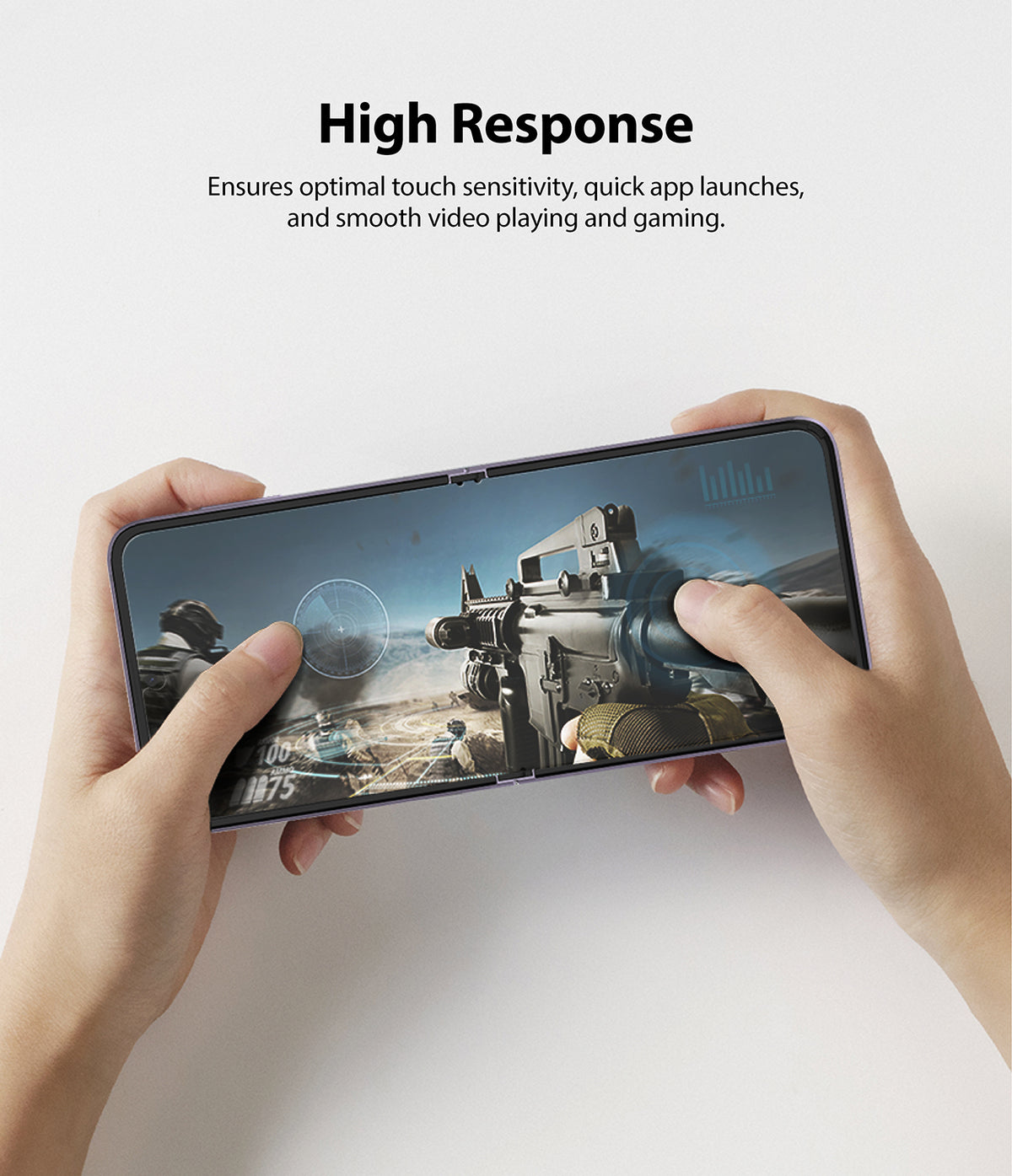 Galaxy Z Flip 3 Screen Protector - Hands holding a phone playing a first-person shooter game to show high touch sensitivity.