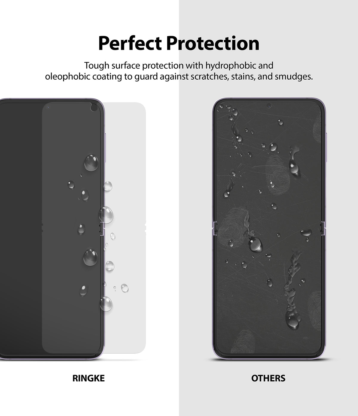 Galaxy Z Flip 3 Screen Protector - Comparison showing water beading on a Ringke protector versus smudges on others.