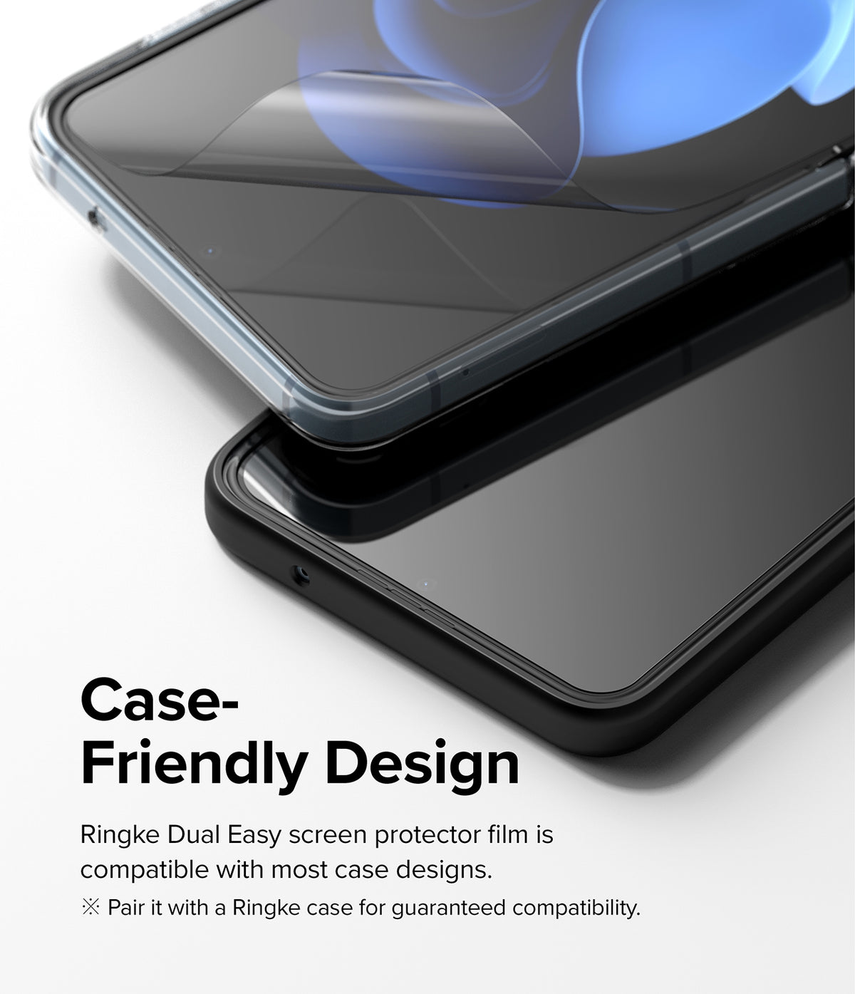 Galaxy Z Flip 4 Combo | Case + Screen Protector - Galaxy Z Flip 4 Combo - A clear screen protector being applied to a Galaxy Z Flip 4 phone inside a protective case.