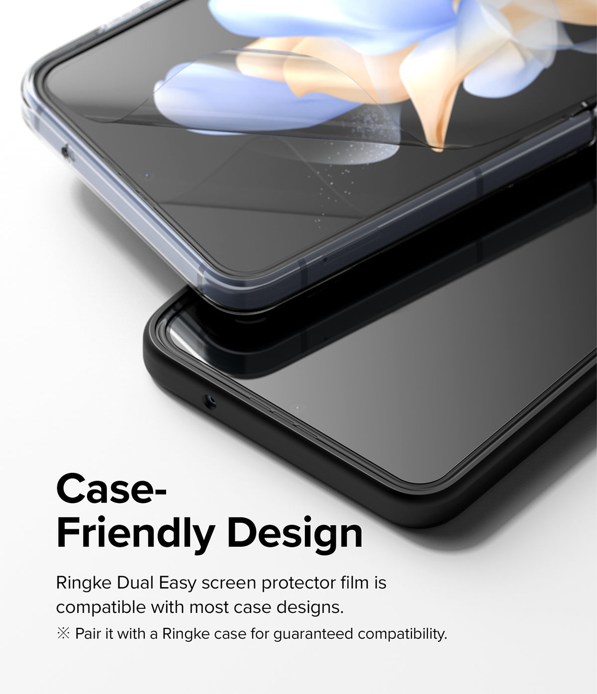 Galaxy Z Flip 4 Screen Protector | Dual Easy Film - Two Galaxy Z Flip 4 phones with screen protectors inside cases.