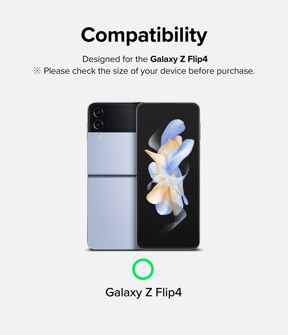 Galaxy Z Flip 4 Screen Protector | Dual Easy Film - Compatibility graphic showing a light blue Galaxy Z Flip 4 phone.