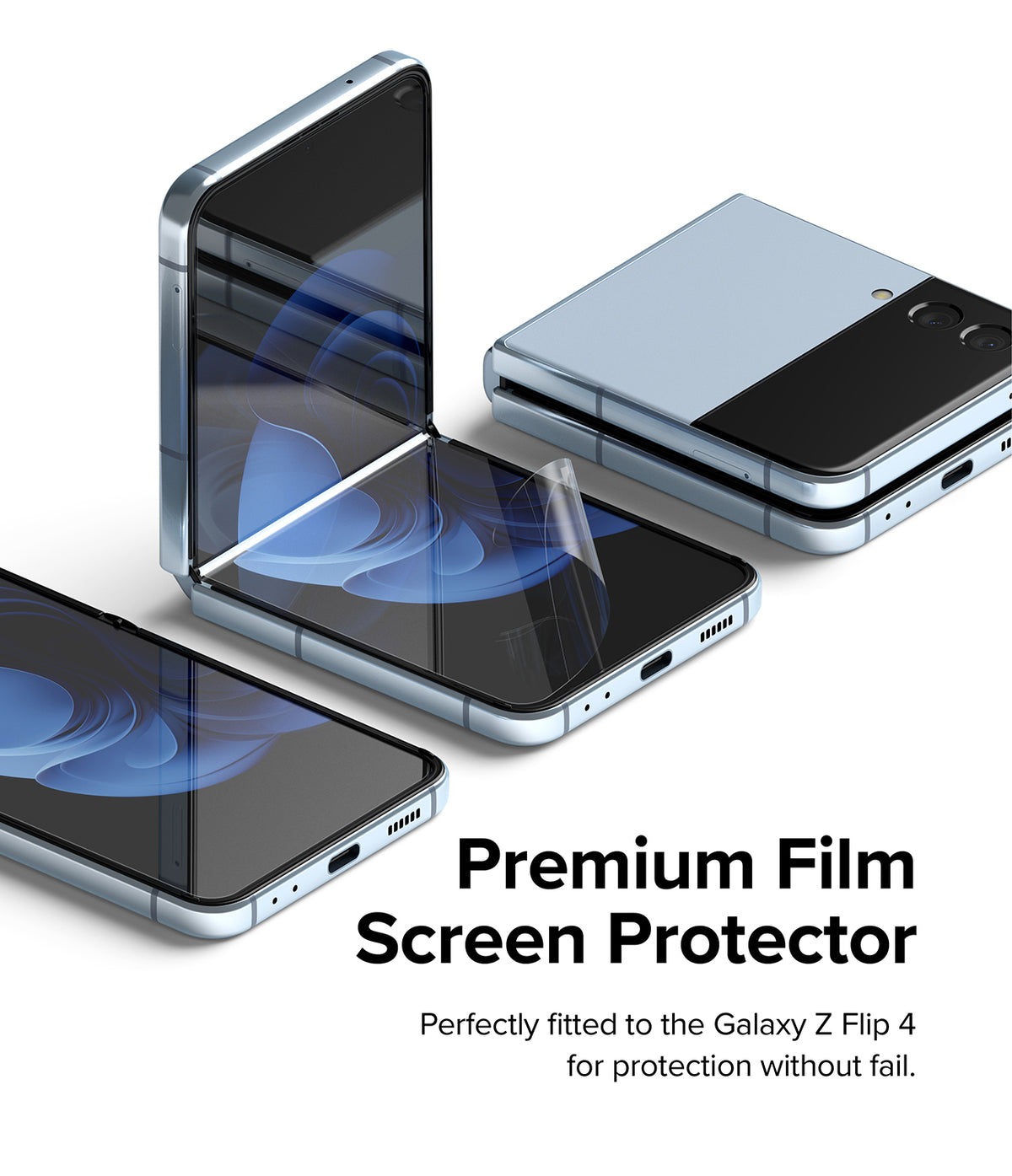 Galaxy Z Flip 4 Combo | Case + Screen Protector - Galaxy Z Flip 4 Combo - Light blue Galaxy Z Flip 4 phones with a clear screen protector film being applied to the display.