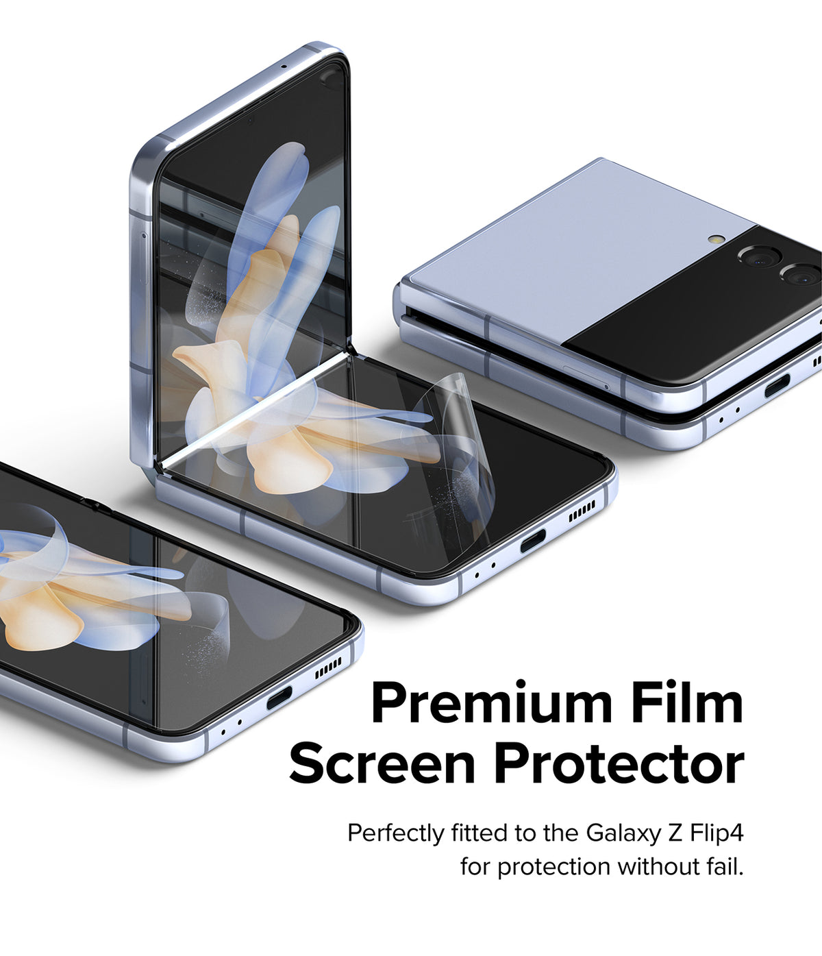 Galaxy Z Flip 4 Screen Protector | Dual Easy Film - Galaxy Z Flip 4 Screen Protector - Three light blue Galaxy Z Flip 4 phones, one partially folded with a screen film applied.