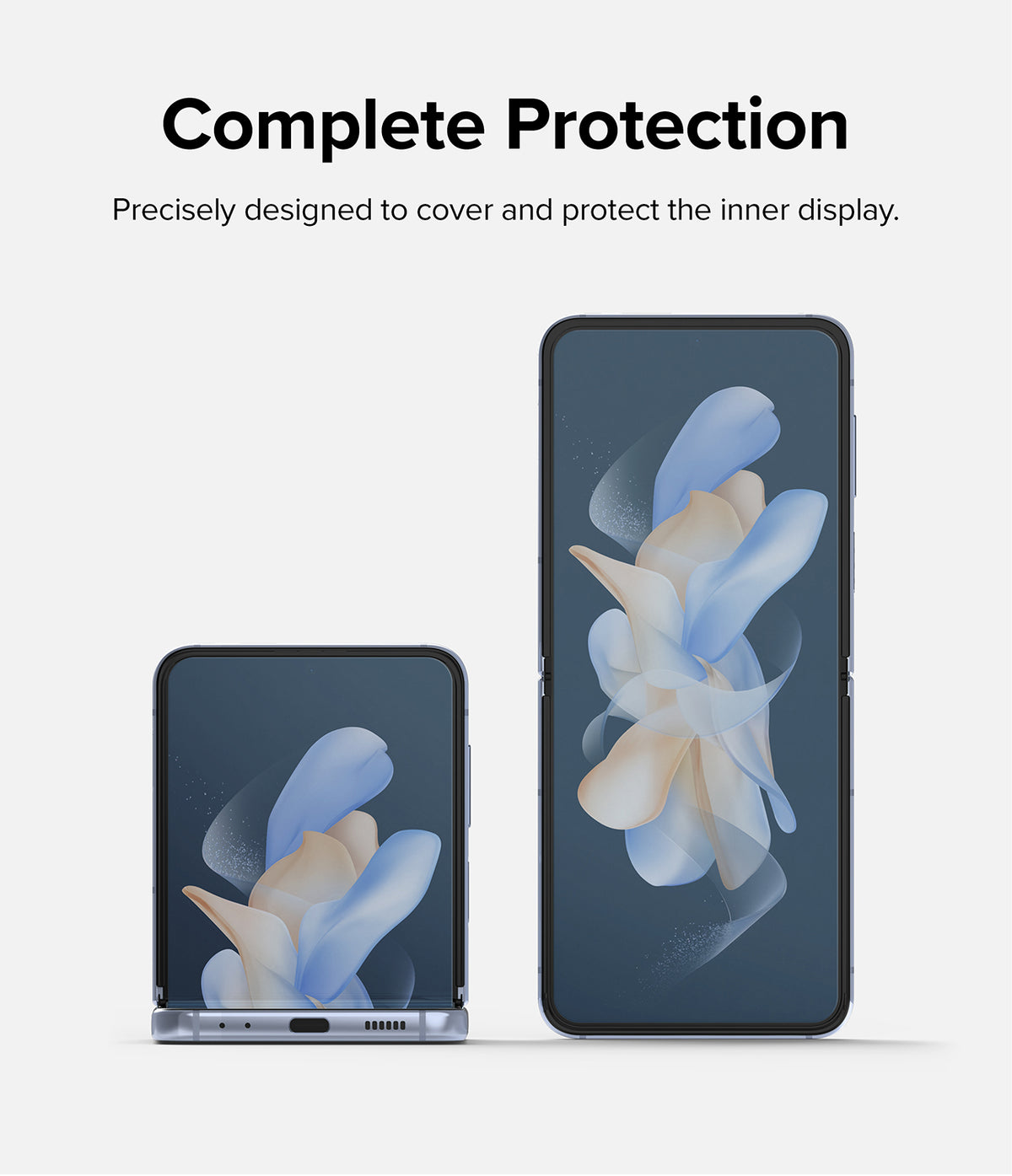 Galaxy Z Flip 4 Screen Protector | Dual Easy Film - Galaxy Z Flip 4 Screen Protector - A folded and unfolded Galaxy Z Flip 4 showing full screen coverage.